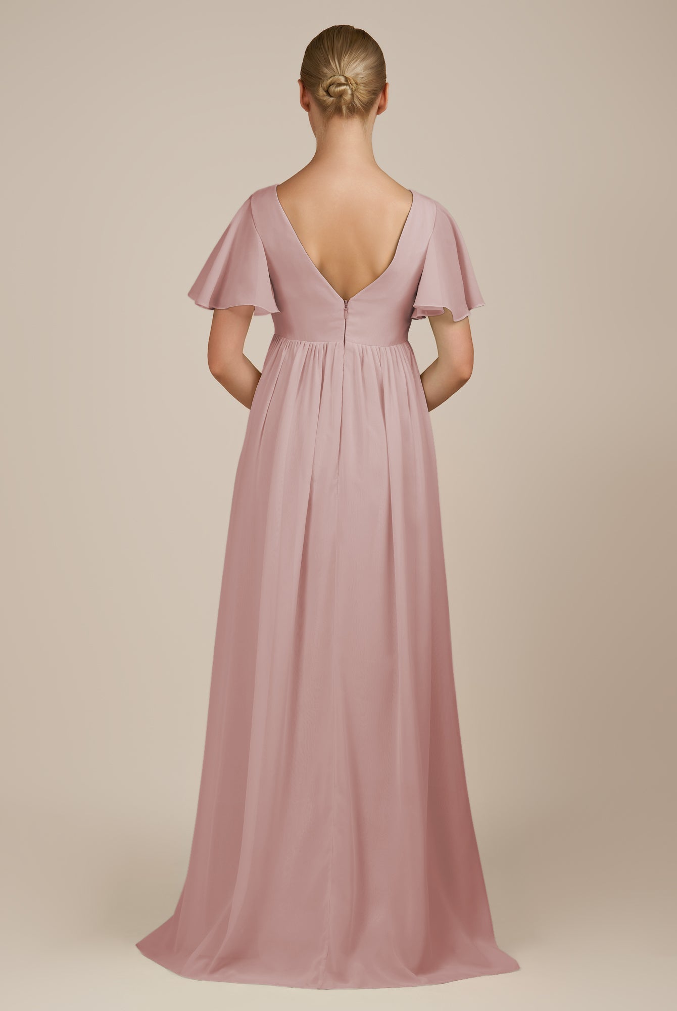 KissDress-Junia Dusty Rose A Line V Neck Chiffon Cap Sleeves Long Bridesmaid Dress with Slit