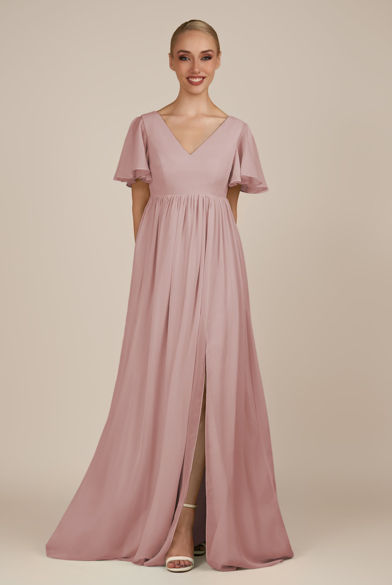 KissDress-Junia Dusty Rose A Line V Neck Chiffon Cap Sleeves Long Bridesmaid Dress with Slit