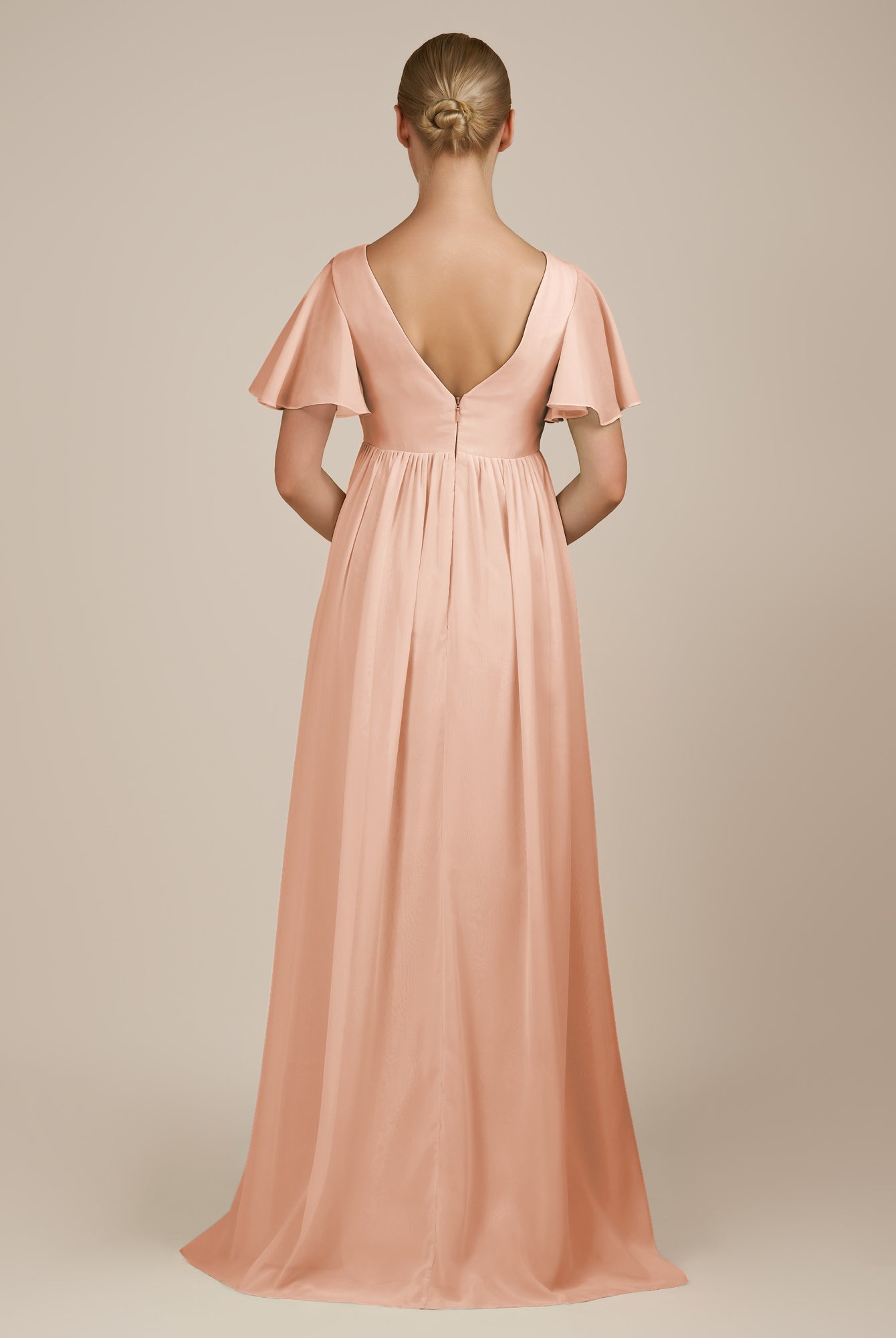 KissDress-Junia English Rose A Line V Neck Chiffon Cap Sleeves Long Bridesmaid Dress with Slit