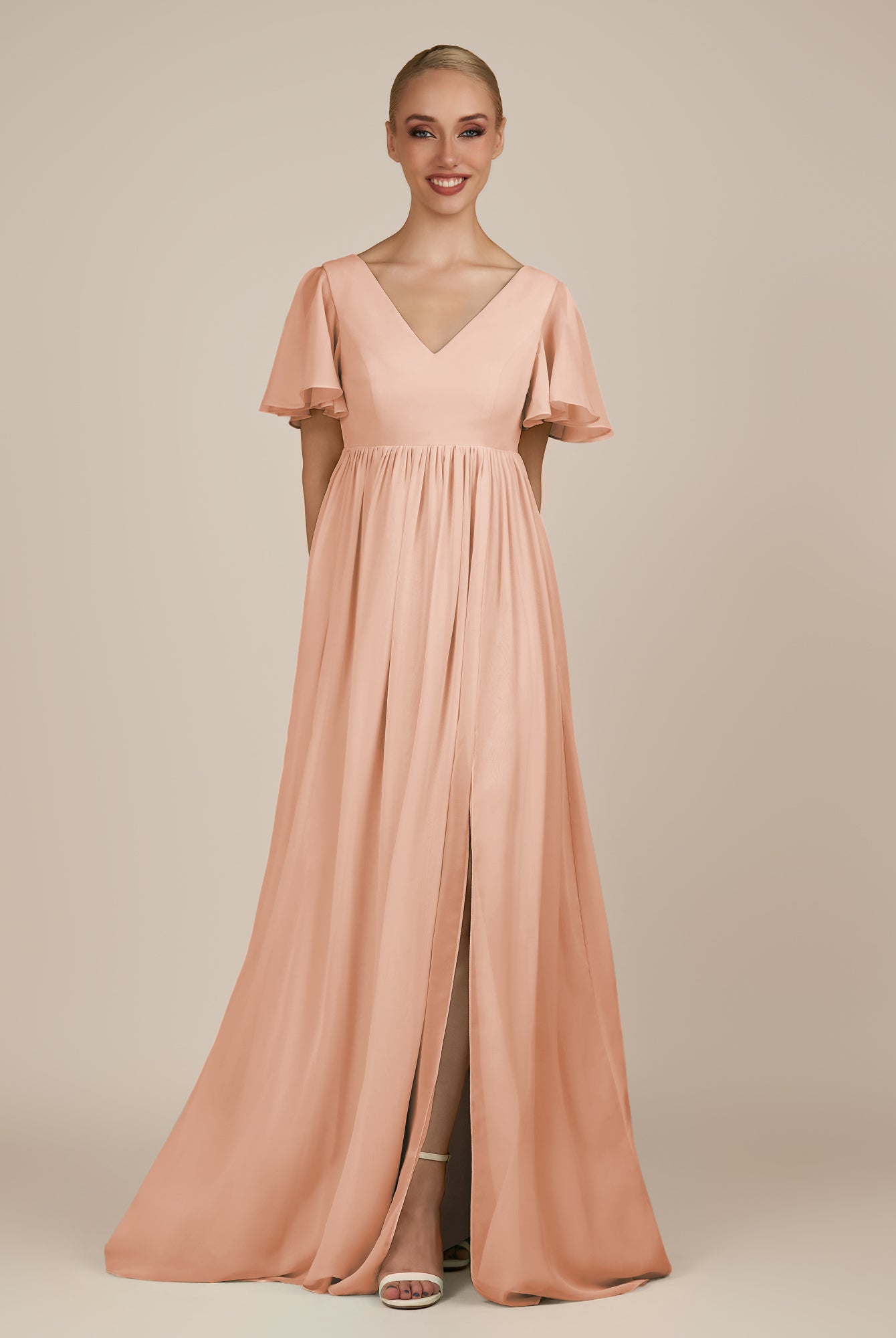 KissDress-Junia English Rose A Line V Neck Chiffon Cap Sleeves Long Bridesmaid Dress with Slit