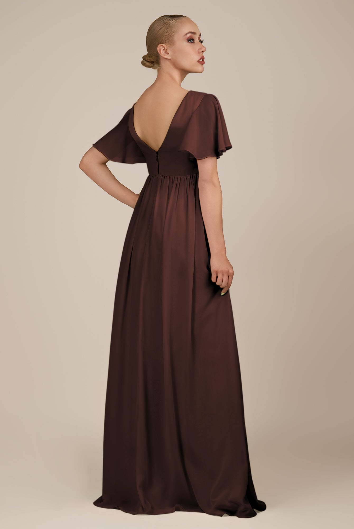 KissDress-Junia Espresso A Line V Neck Chiffon Cap Sleeves Long Bridesmaid Dress with Slit