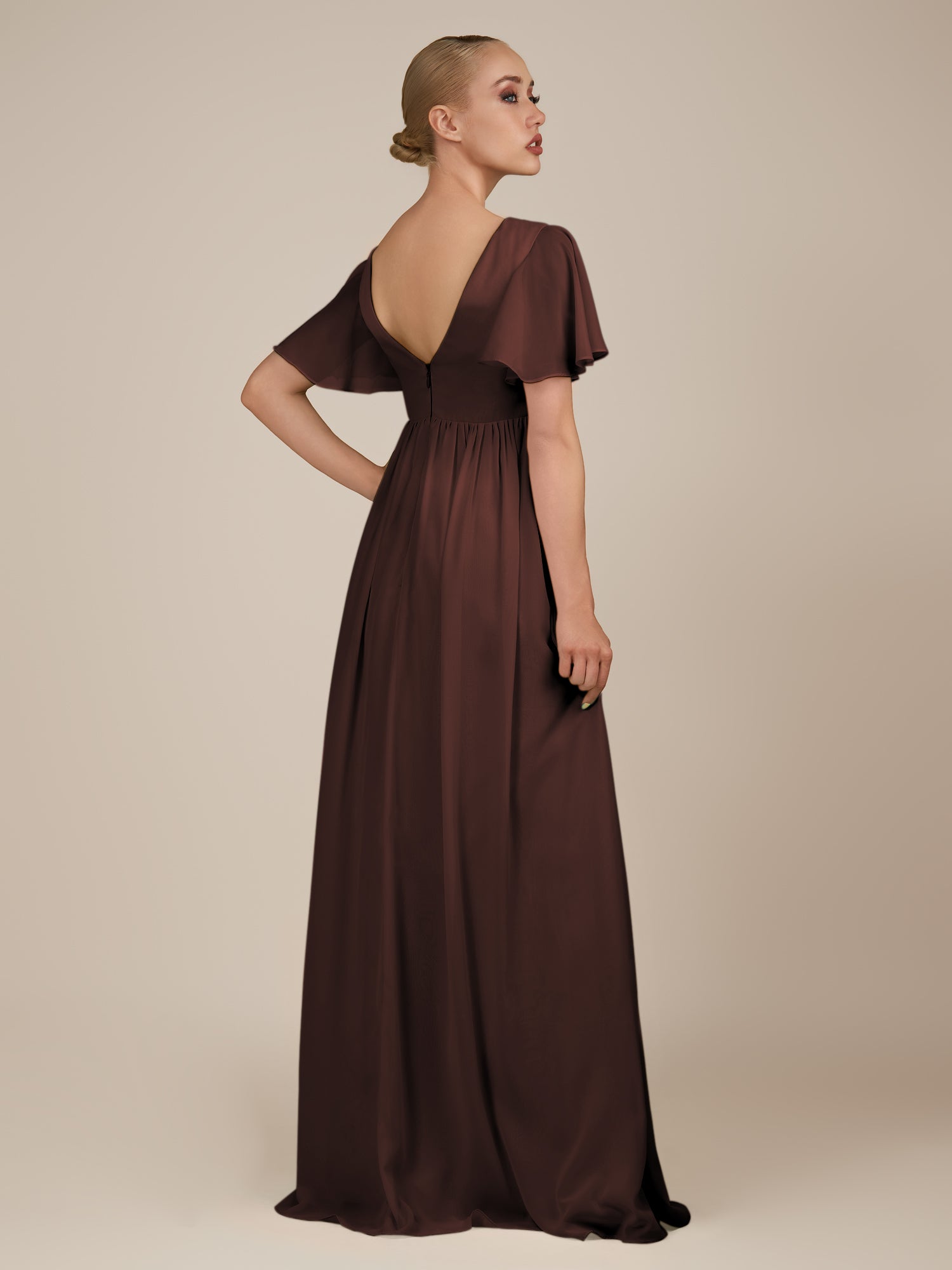 KissDress-Junia Espresso A Line V Neck Chiffon Cap Sleeves Long Bridesmaid Dress with Slit