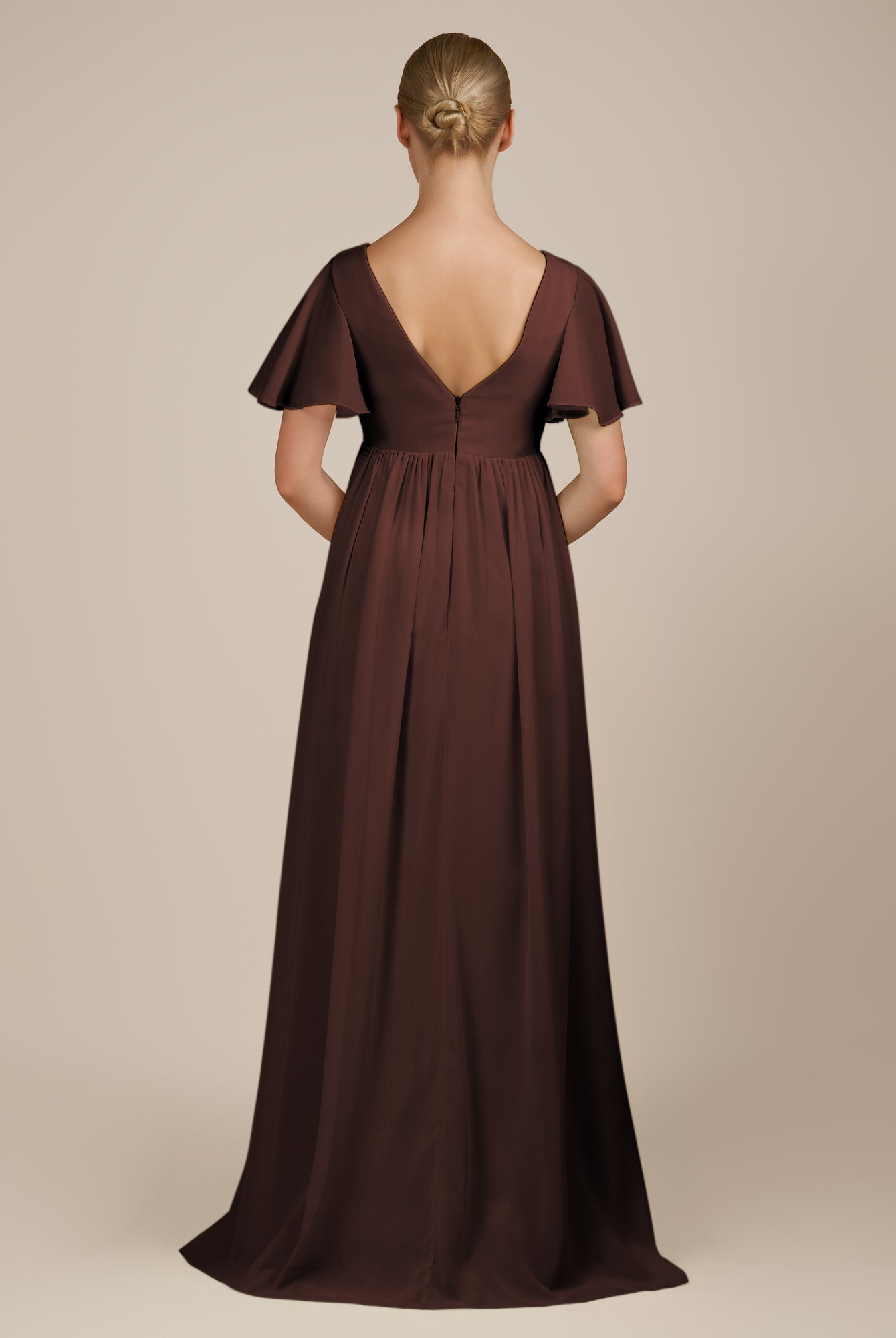 KissDress-Junia Espresso A Line V Neck Chiffon Cap Sleeves Long Bridesmaid Dress with Slit