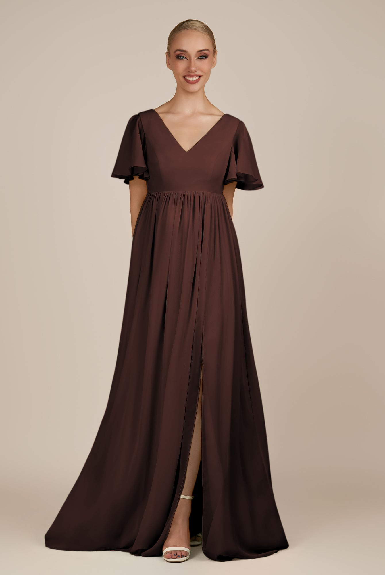 KissDress-Junia Espresso A Line V Neck Chiffon Cap Sleeves Long Bridesmaid Dress with Slit