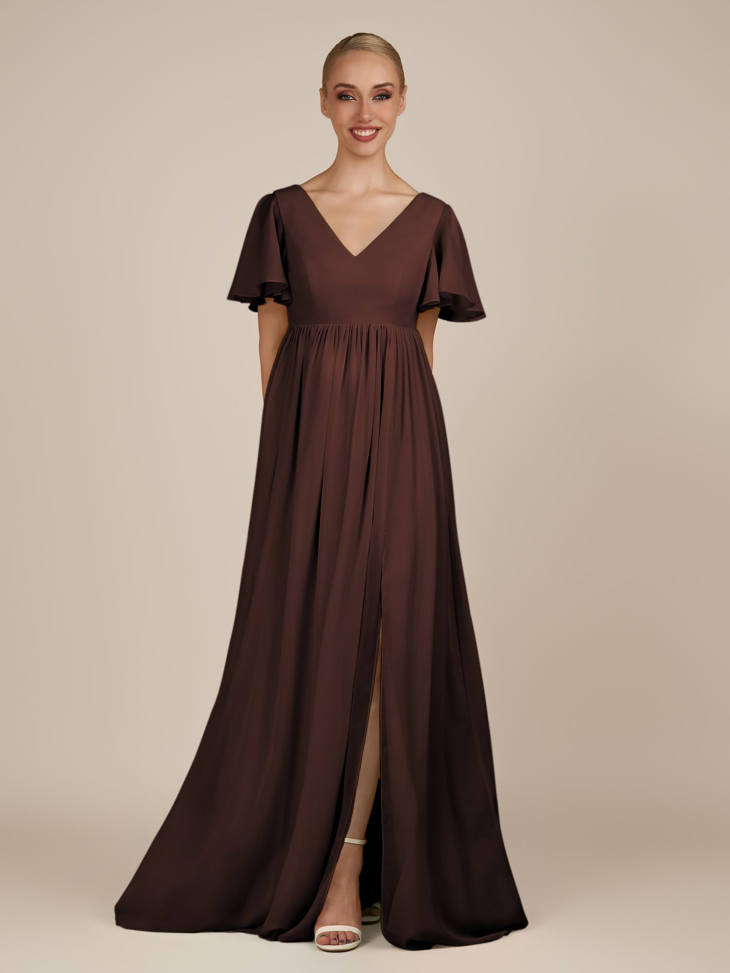 KissDress-Junia Espresso A Line V Neck Chiffon Cap Sleeves Long Bridesmaid Dress with Slit