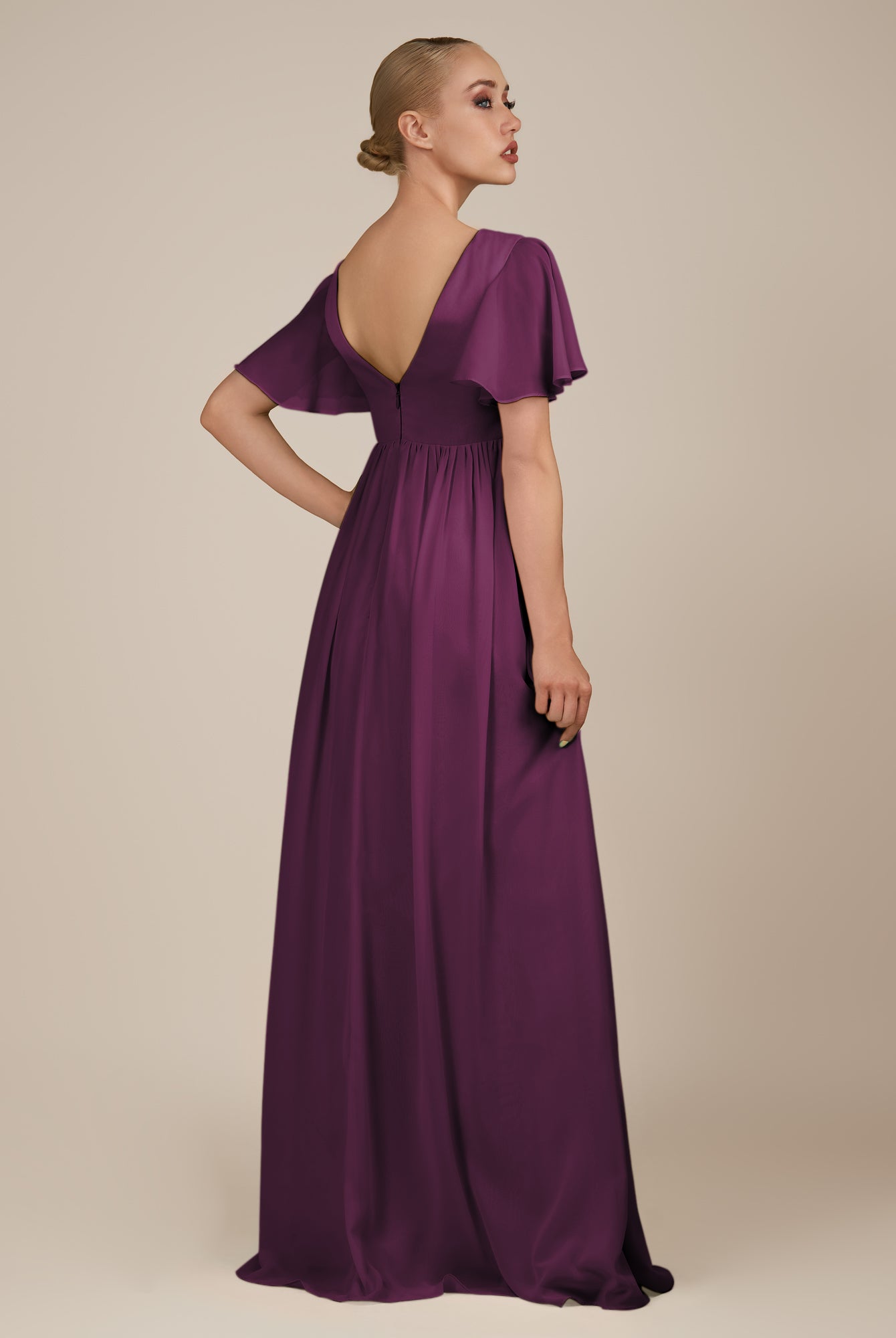 KissDress-Junia Fig A Line V Neck Chiffon Cap Sleeves Long Bridesmaid Dress with Slit