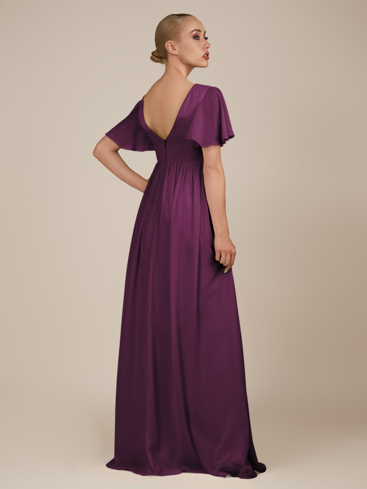 KissDress-Junia Fig A Line V Neck Chiffon Cap Sleeves Long Bridesmaid Dress with Slit