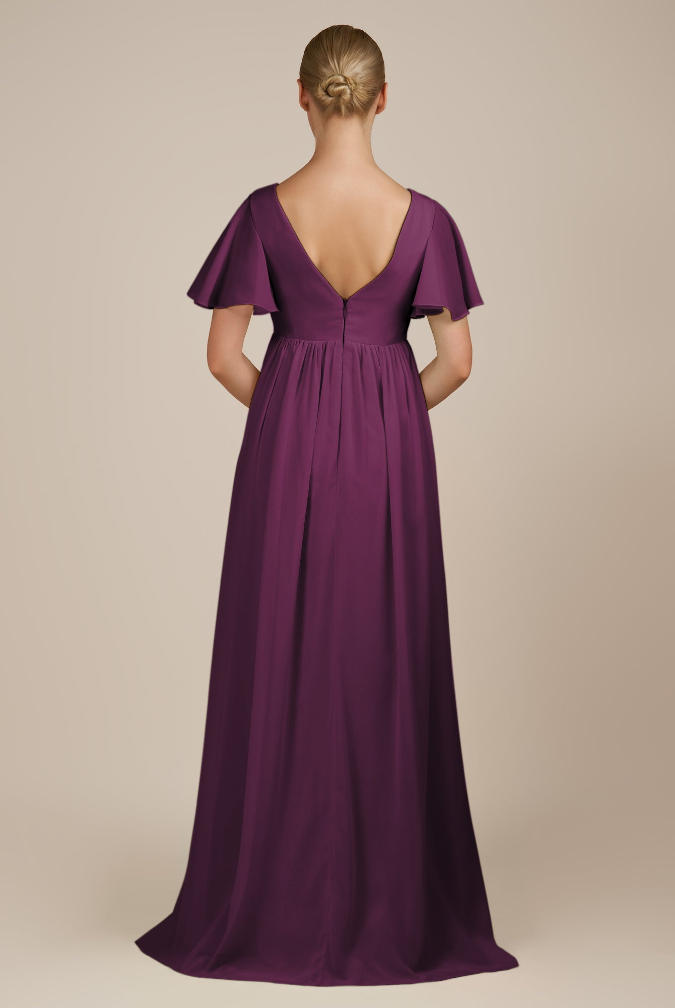 KissDress-Junia Fig A Line V Neck Chiffon Cap Sleeves Long Bridesmaid Dress with Slit