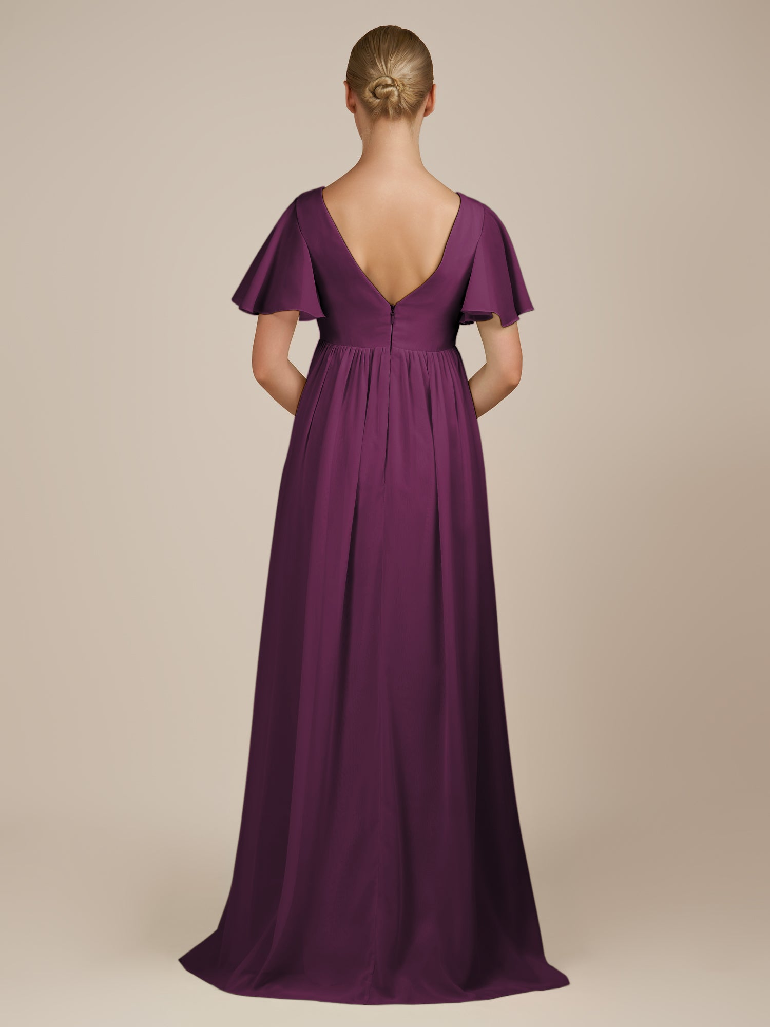 KissDress-Junia Fig A Line V Neck Chiffon Cap Sleeves Long Bridesmaid Dress with Slit