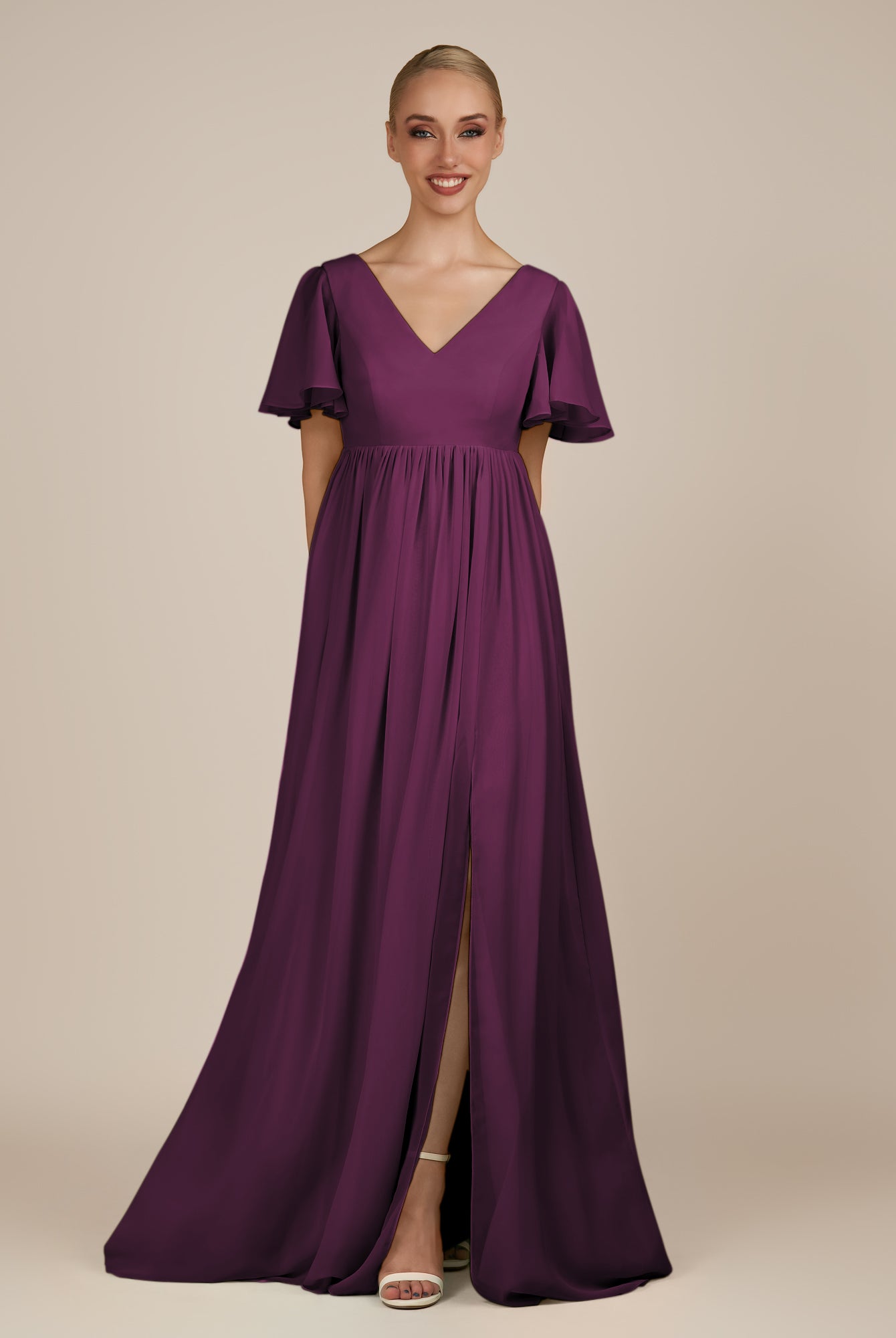 KissDress-Junia Fig A Line V Neck Chiffon Cap Sleeves Long Bridesmaid Dress with Slit