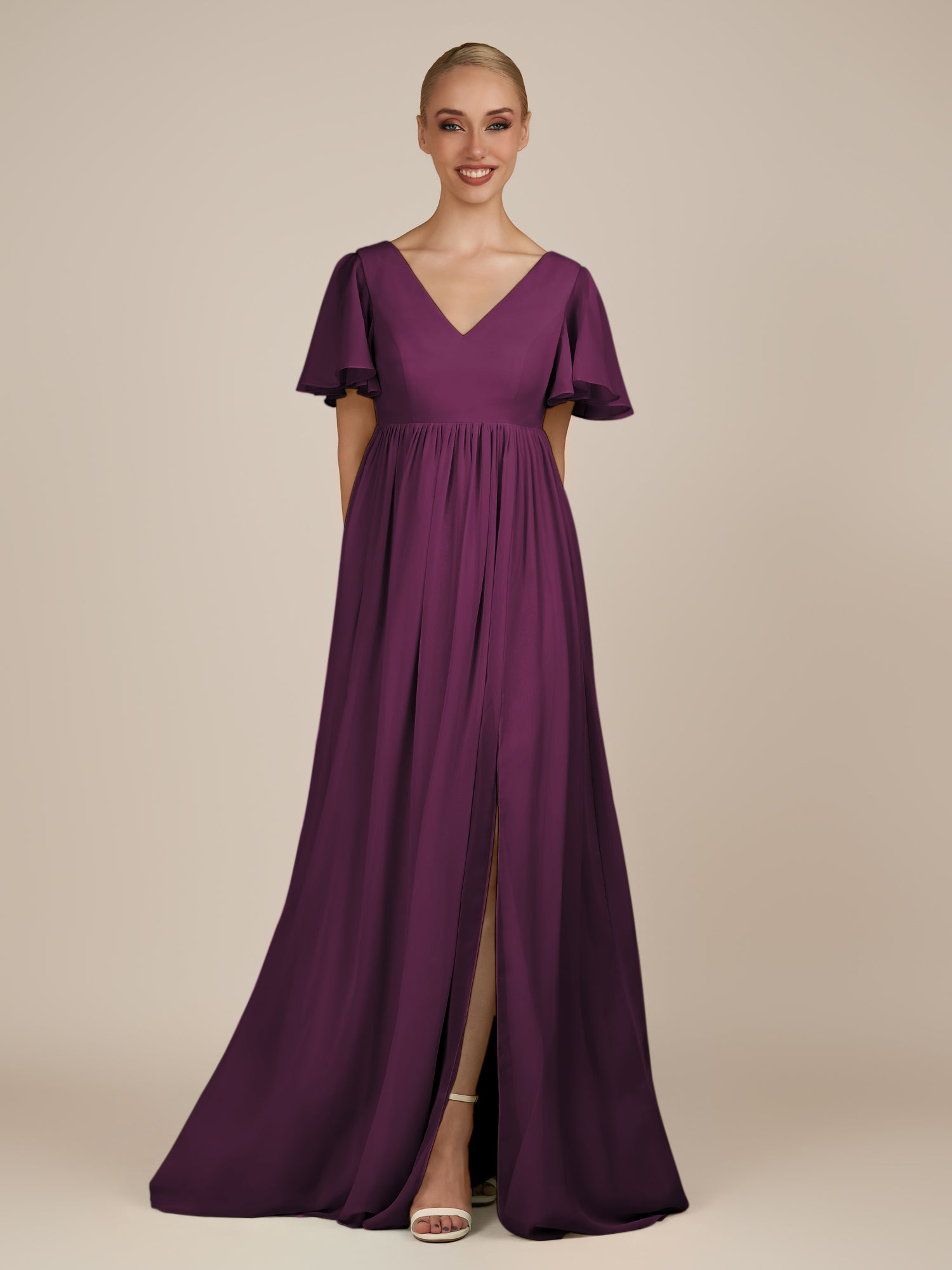 KissDress-Junia Fig A Line V Neck Chiffon Cap Sleeves Long Bridesmaid Dress with Slit
