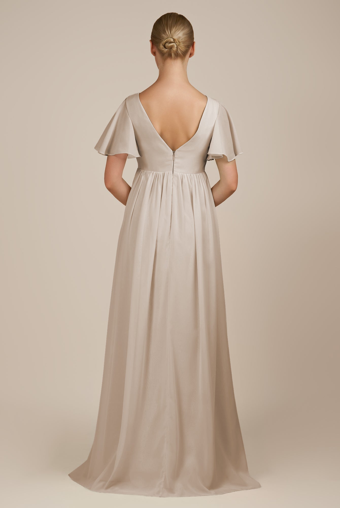 KissDress-Junia Frost A Line V Neck Chiffon Cap Sleeves Long Bridesmaid Dress with Slit
