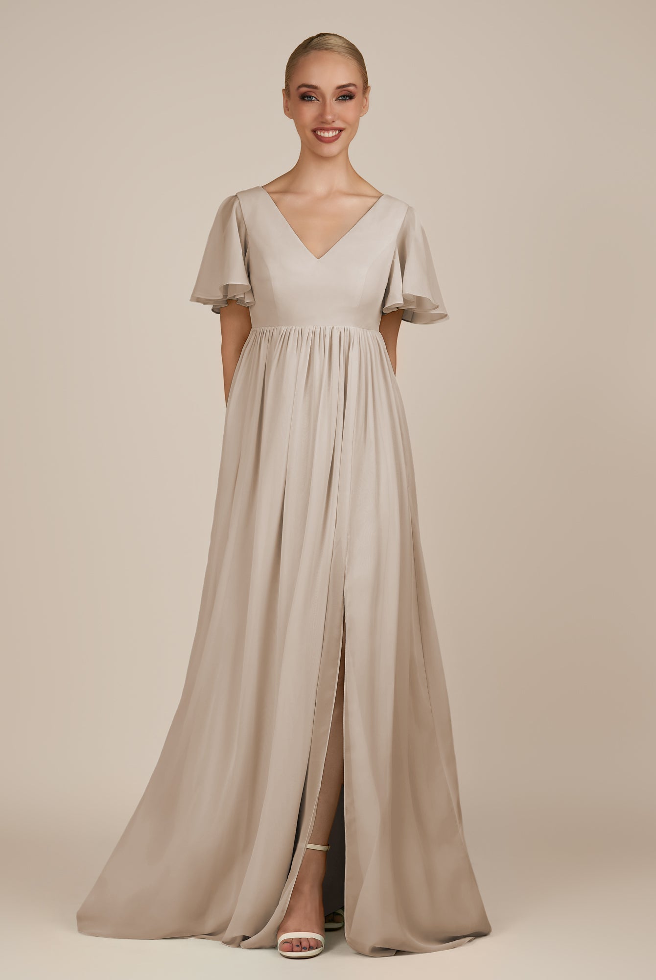 KissDress-Junia Frost A Line V Neck Chiffon Cap Sleeves Long Bridesmaid Dress with Slit