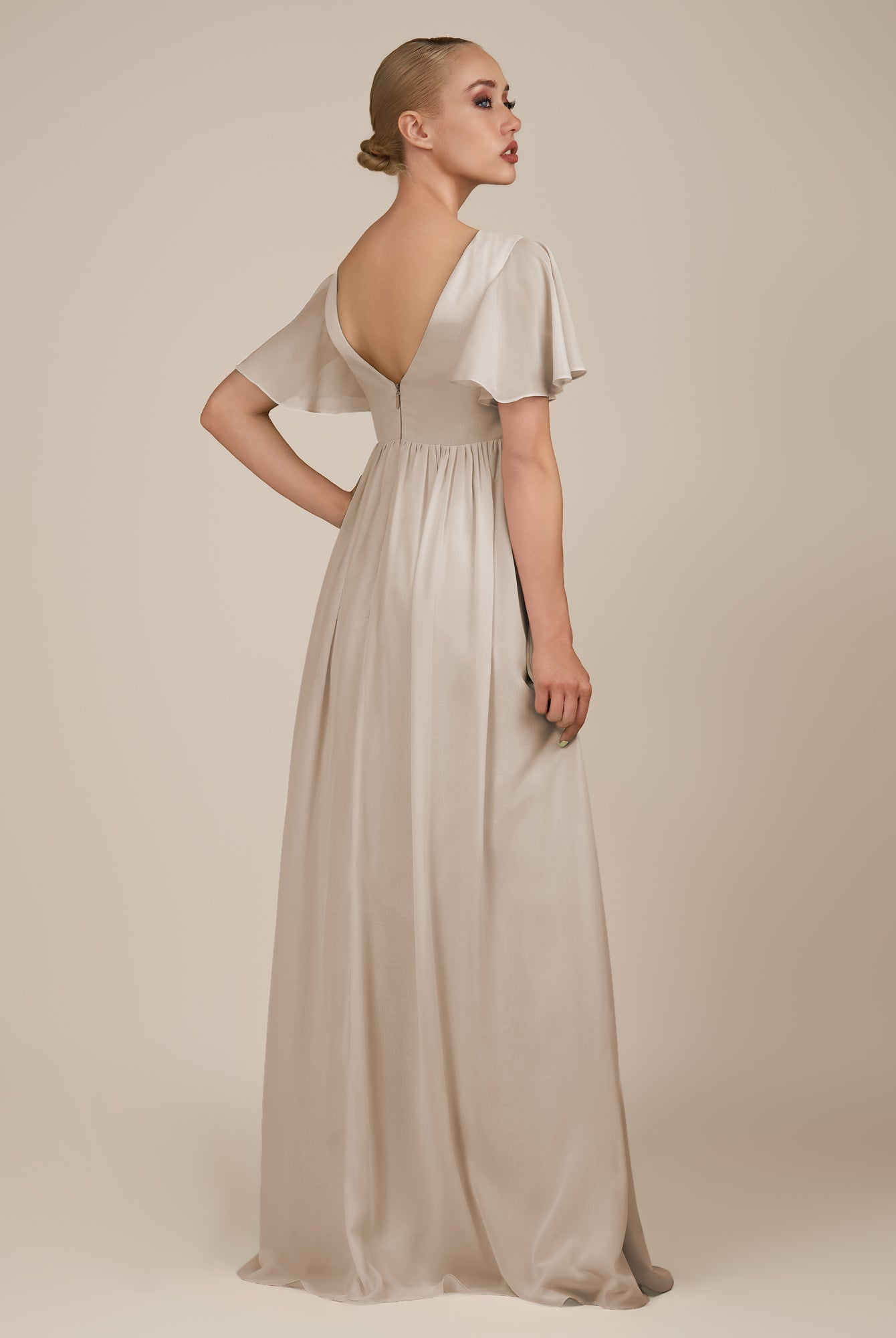 KissDress-Junia Frost A Line V Neck Chiffon Cap Sleeves Long Bridesmaid Dress with Slit