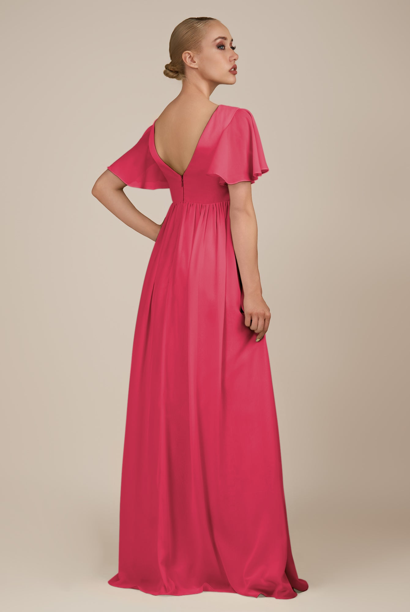 KissDress-Junia Fuchsia A Line V Neck Chiffon Cap Sleeves Long Bridesmaid Dress with Slit