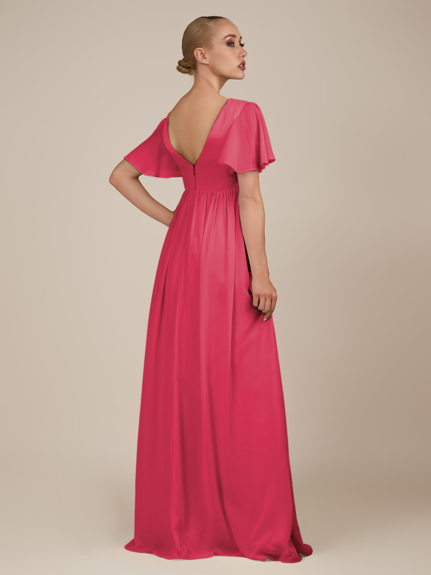 KissDress-Junia Fuchsia A Line V Neck Chiffon Cap Sleeves Long Bridesmaid Dress with Slit