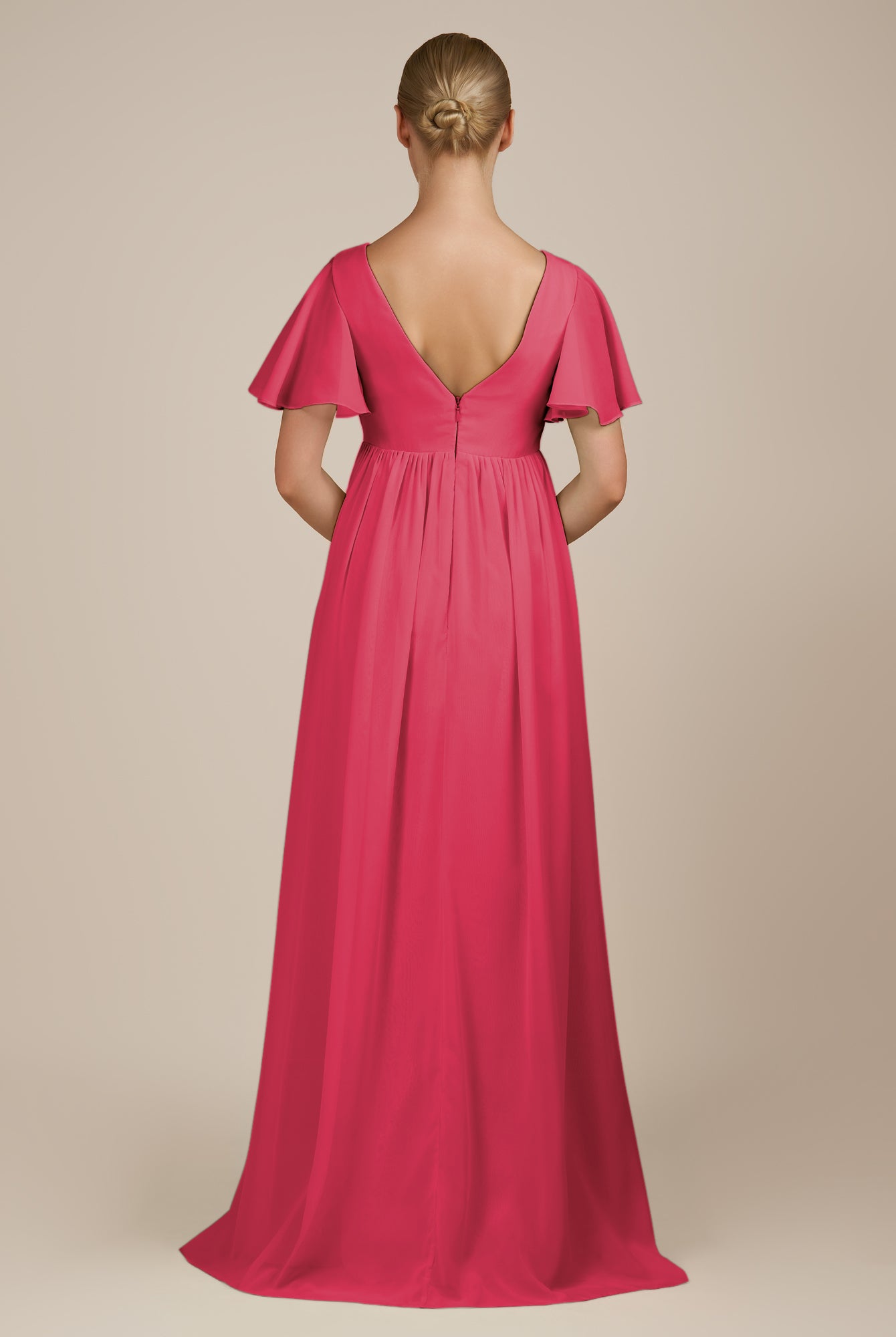 KissDress-Junia Fuchsia A Line V Neck Chiffon Cap Sleeves Long Bridesmaid Dress with Slit