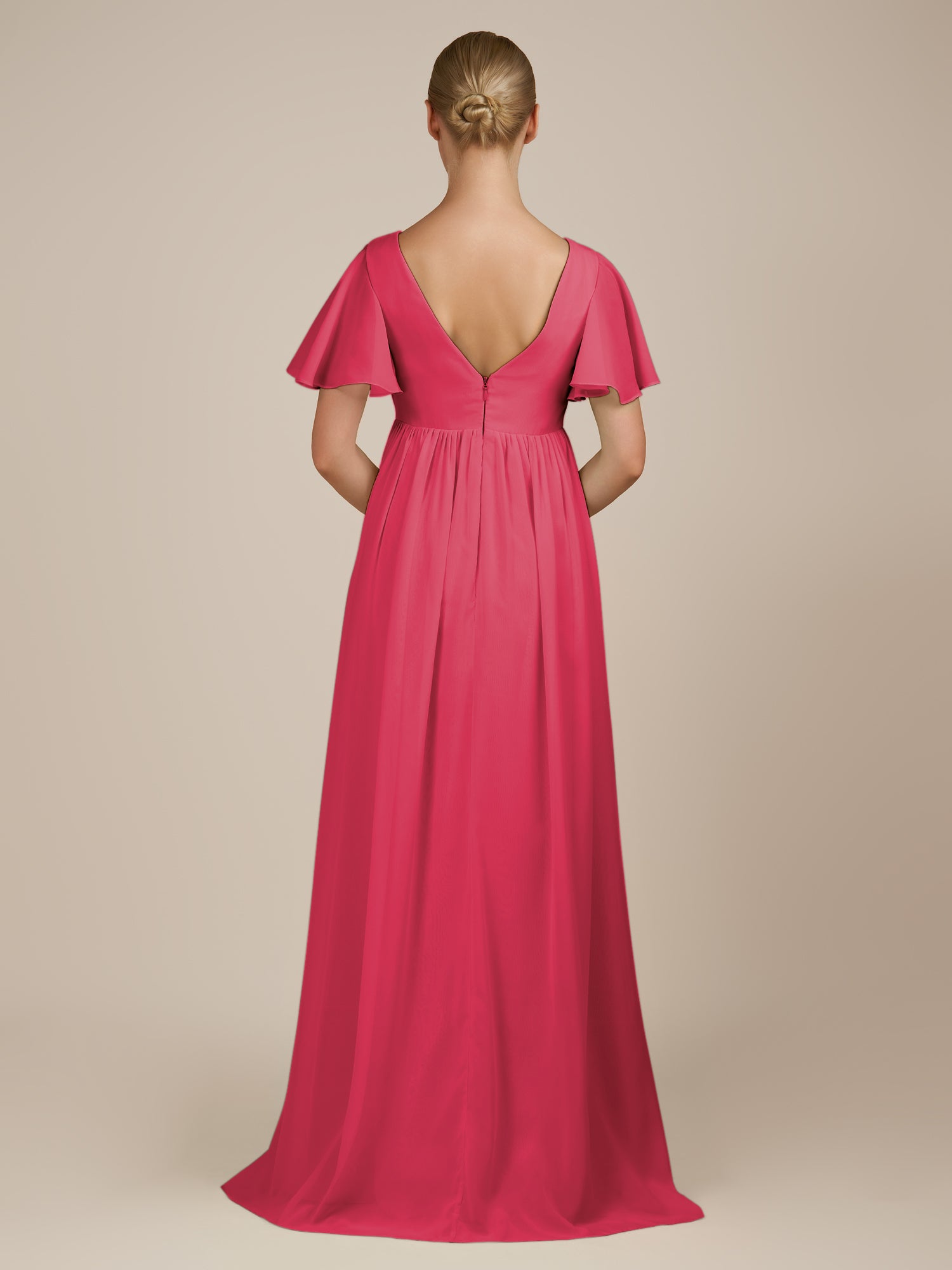 KissDress-Junia Fuchsia A Line V Neck Chiffon Cap Sleeves Long Bridesmaid Dress with Slit