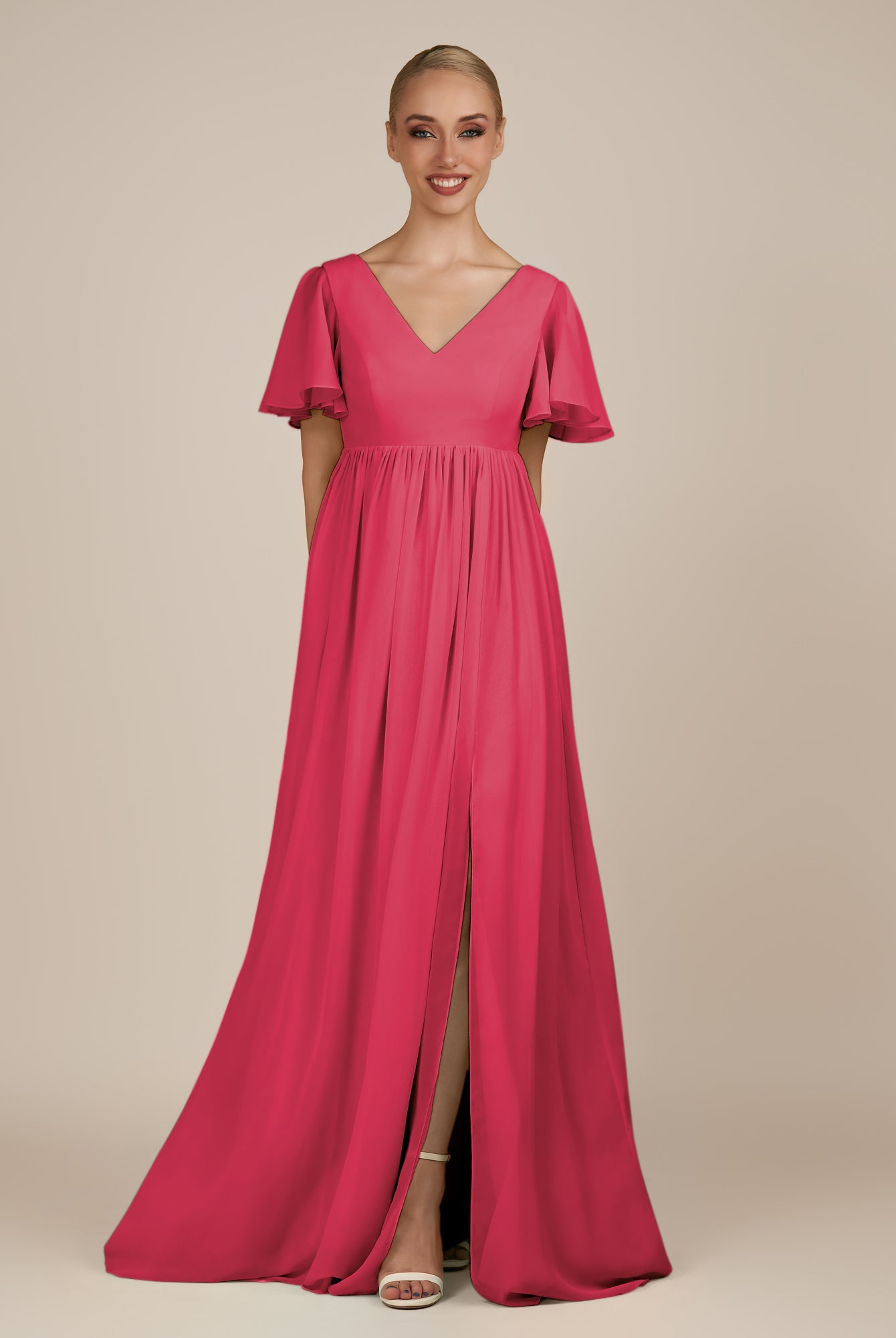 KissDress-Junia Fuchsia A Line V Neck Chiffon Cap Sleeves Long Bridesmaid Dress with Slit