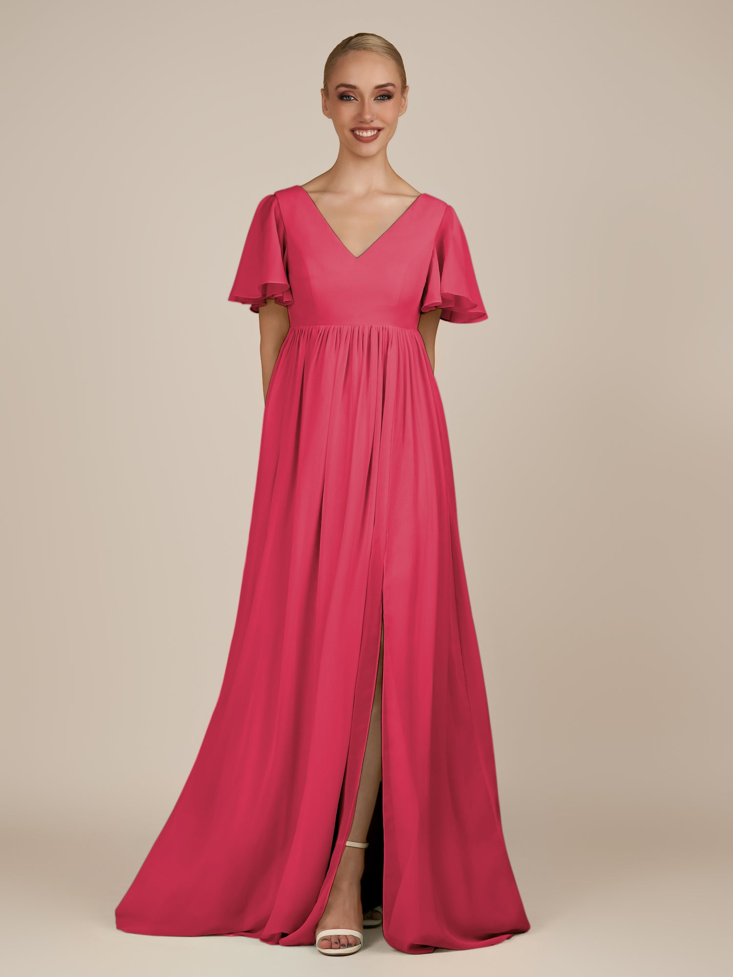 KissDress-Junia Fuchsia A Line V Neck Chiffon Cap Sleeves Long Bridesmaid Dress with Slit