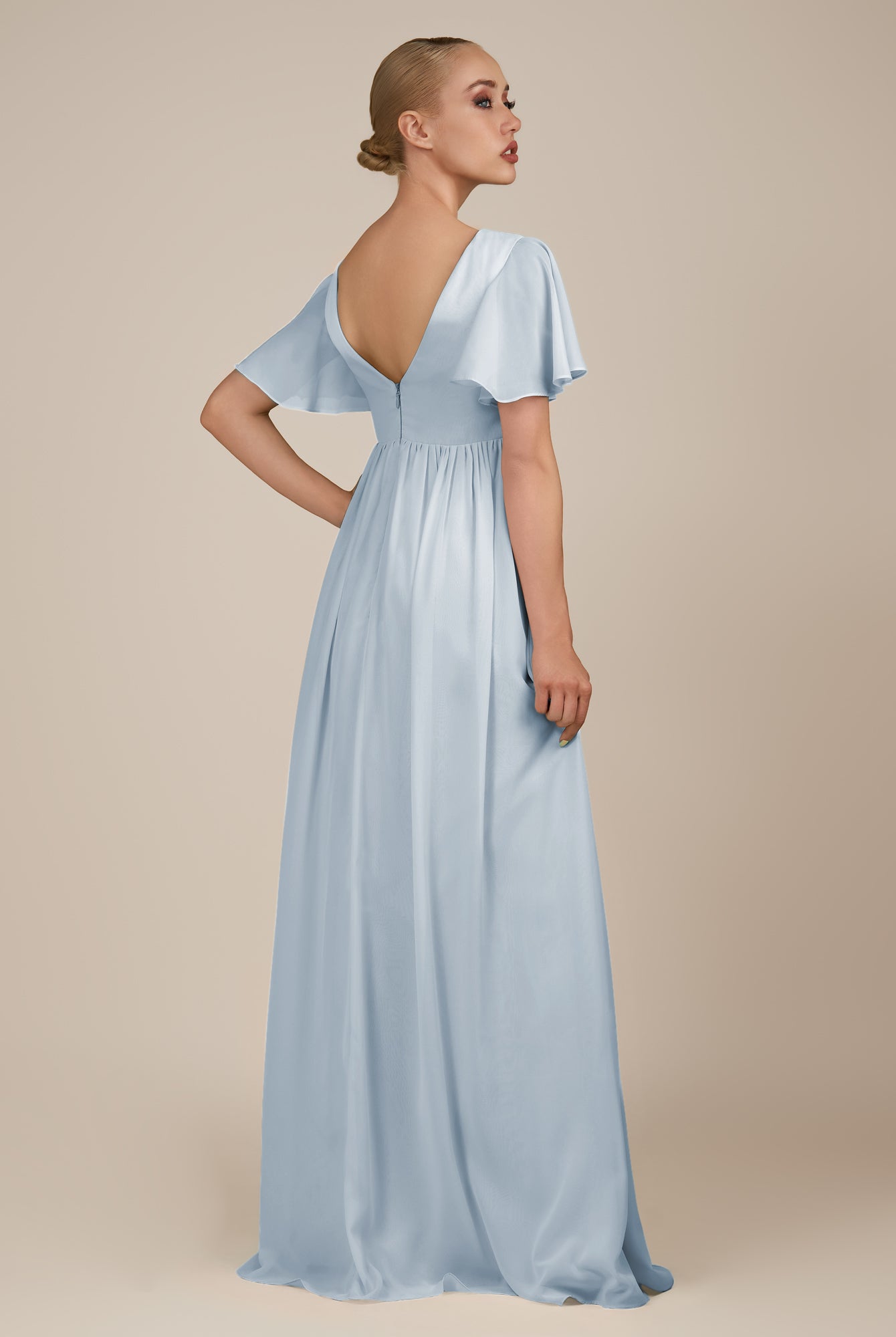 KissDress-Junia Ice A Line V Neck Chiffon Cap Sleeves Long Bridesmaid Dress with Slit