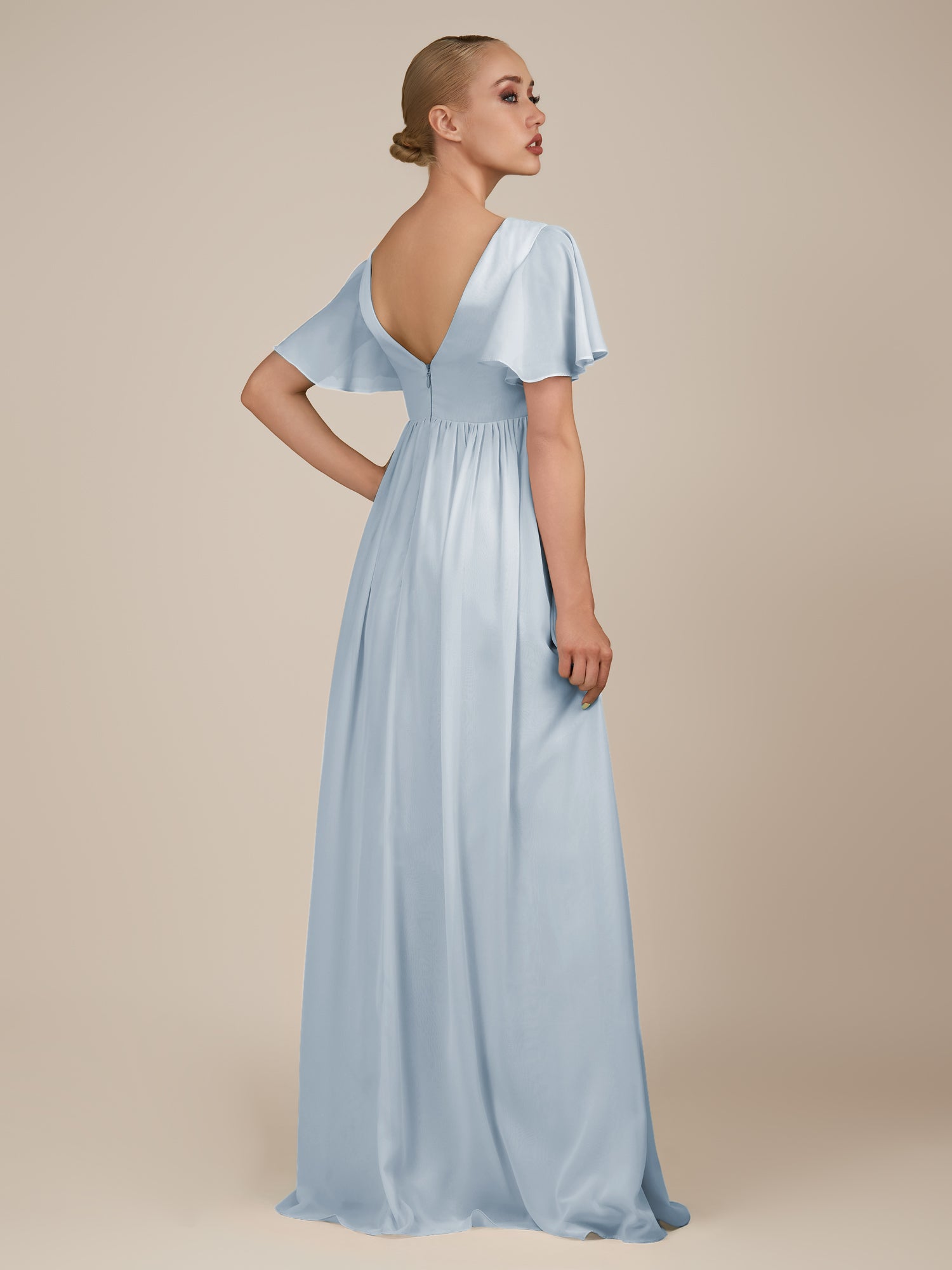 KissDress-Junia Ice A Line V Neck Chiffon Cap Sleeves Long Bridesmaid Dress with Slit
