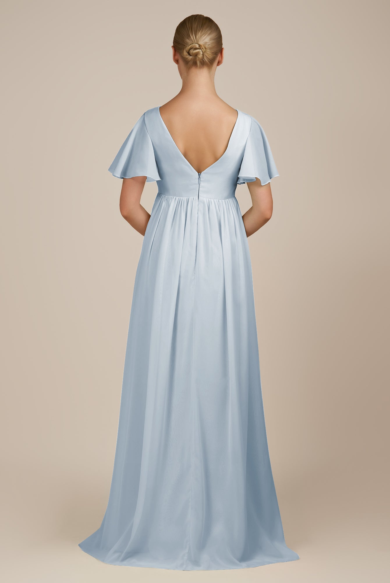 KissDress-Junia Ice A Line V Neck Chiffon Cap Sleeves Long Bridesmaid Dress with Slit