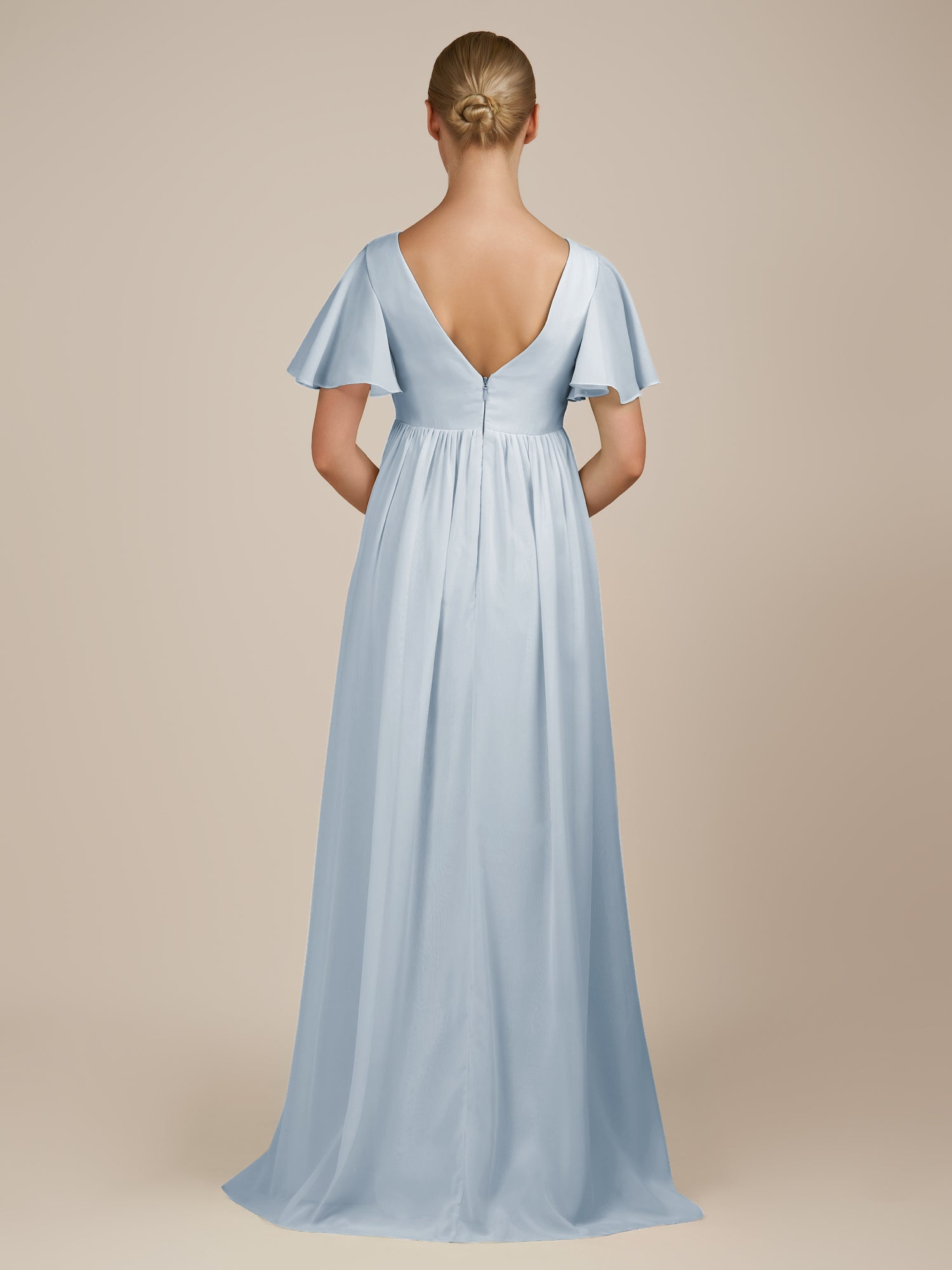 KissDress-Junia Ice A Line V Neck Chiffon Cap Sleeves Long Bridesmaid Dress with Slit