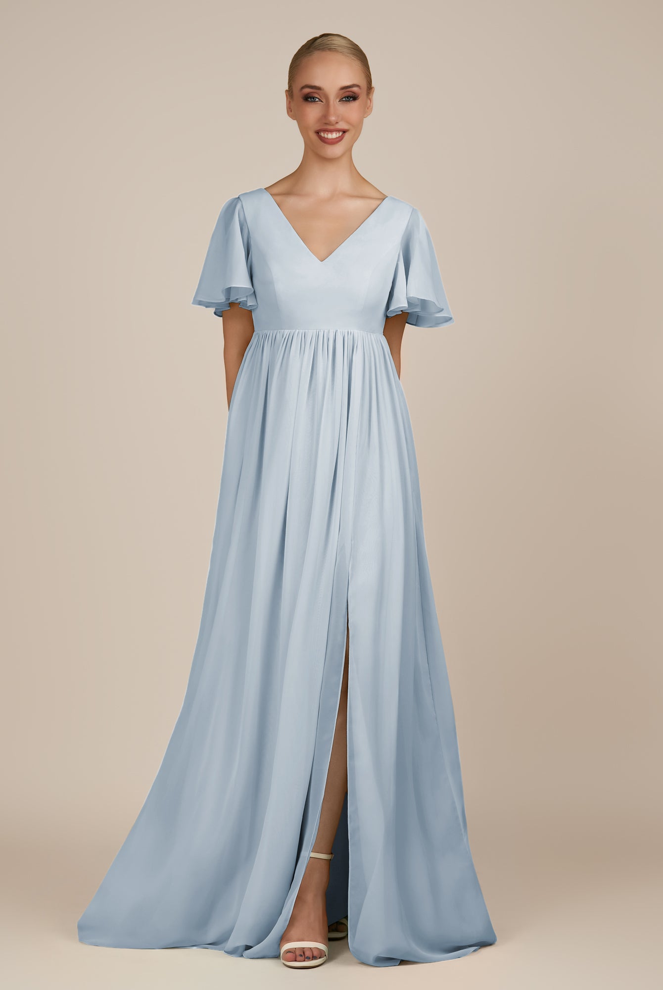 KissDress-Junia Ice A Line V Neck Chiffon Cap Sleeves Long Bridesmaid Dress with Slit