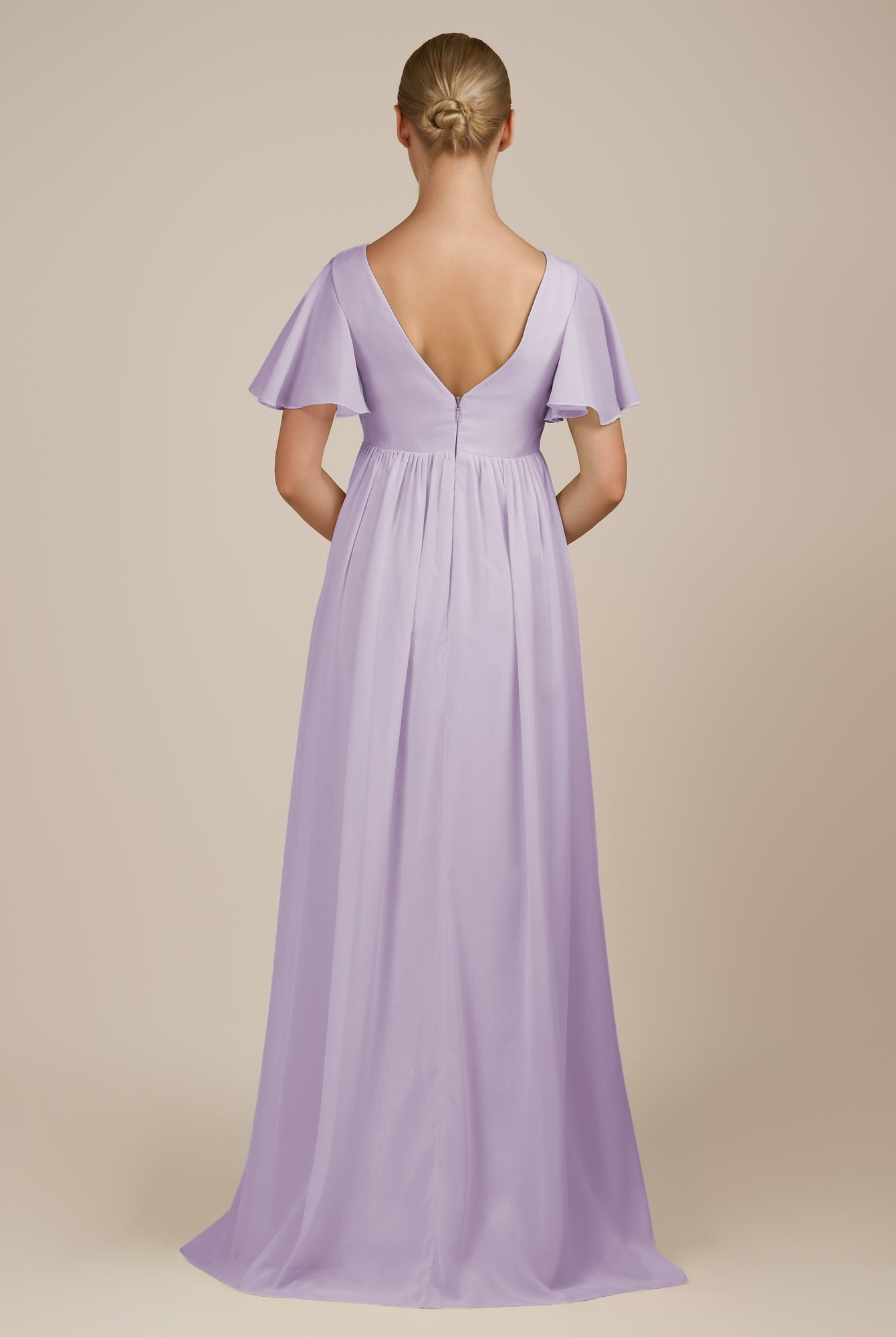KissDress-Junia Lavender A Line V Neck Chiffon Cap Sleeves Long Bridesmaid Dress with Slit