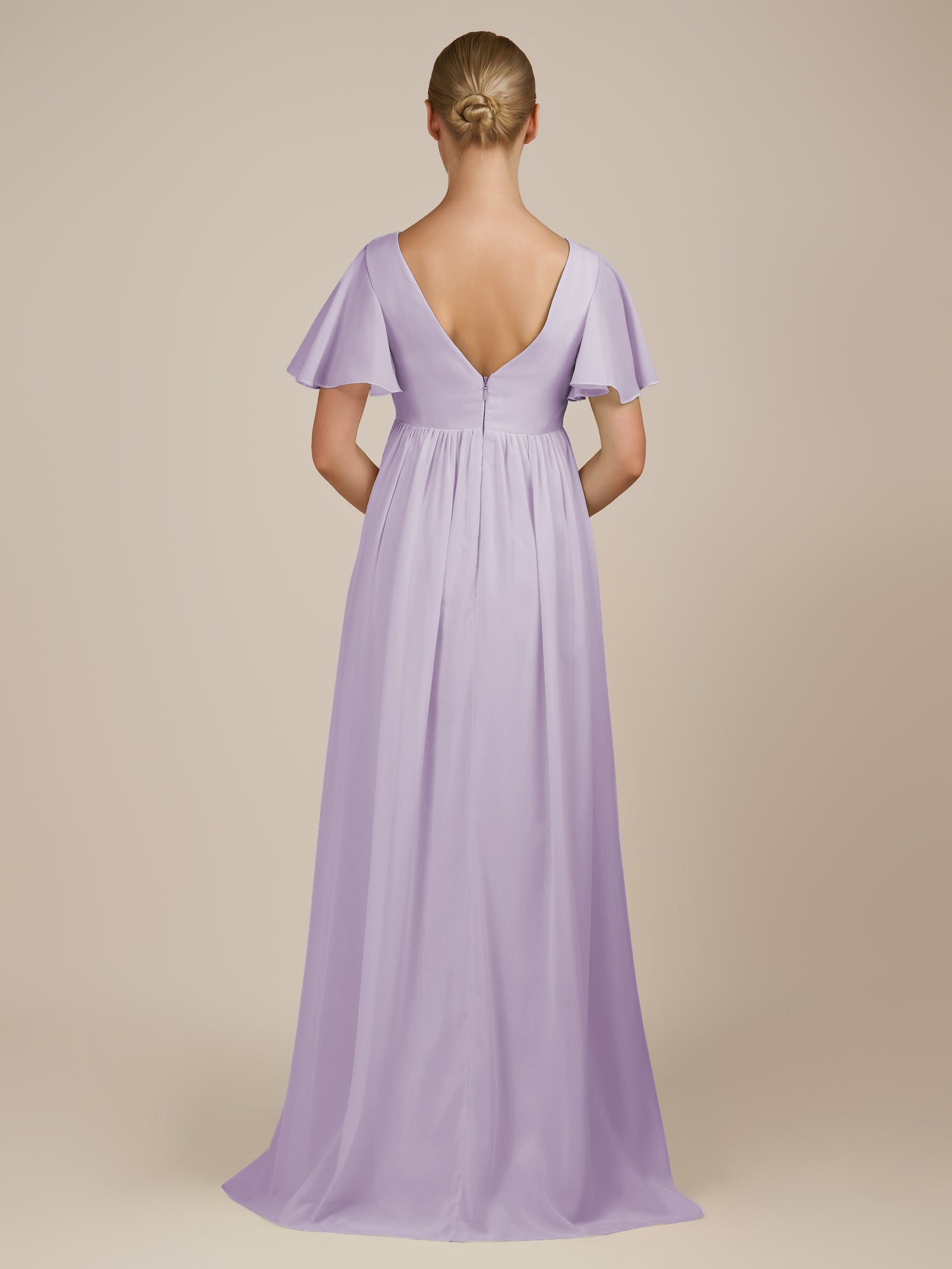KissDress-Junia Lavender A Line V Neck Chiffon Cap Sleeves Long Bridesmaid Dress with Slit