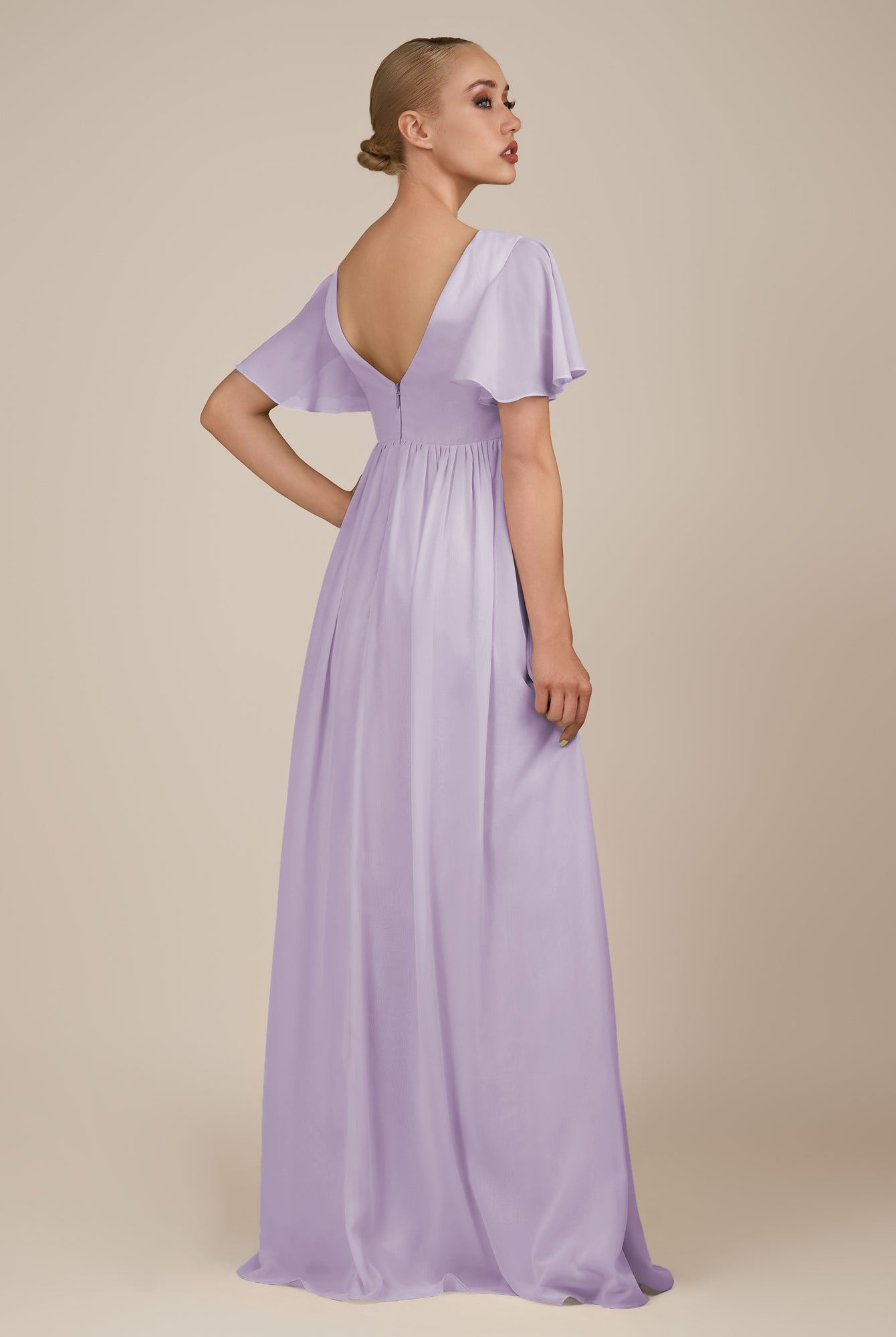 KissDress-Junia Lavender A Line V Neck Chiffon Cap Sleeves Long Bridesmaid Dress with Slit