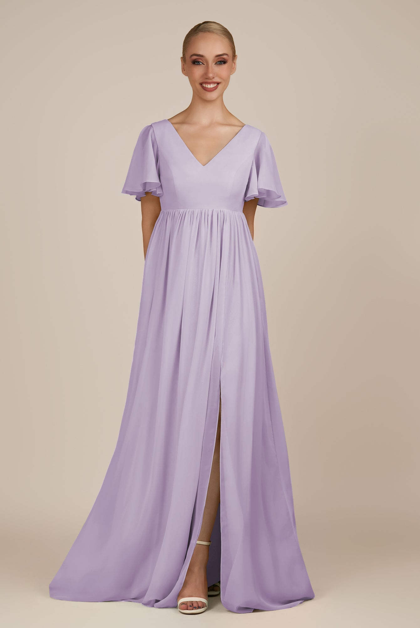 KissDress-Junia Lavender A Line V Neck Chiffon Cap Sleeves Long Bridesmaid Dress with Slit