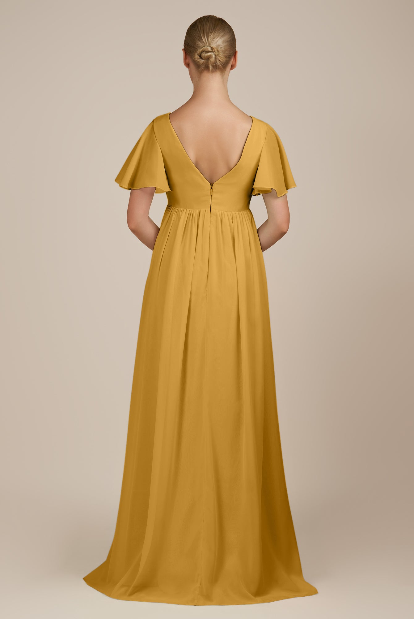 KissDress-Junia Marigold A Line V Neck Chiffon Cap Sleeves Long Bridesmaid Dress with Slit