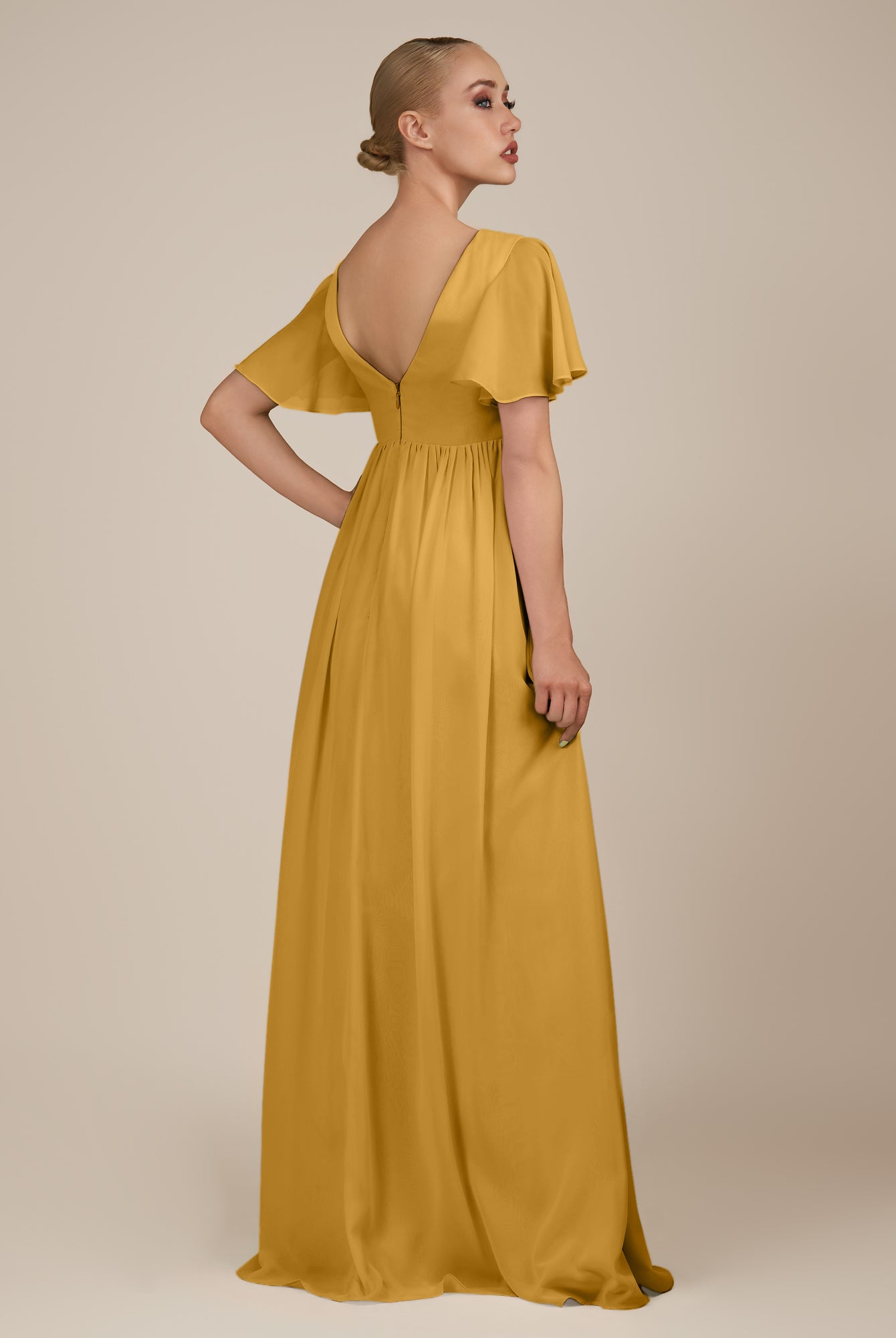 KissDress-Junia Marigold A Line V Neck Chiffon Cap Sleeves Long Bridesmaid Dress with Slit