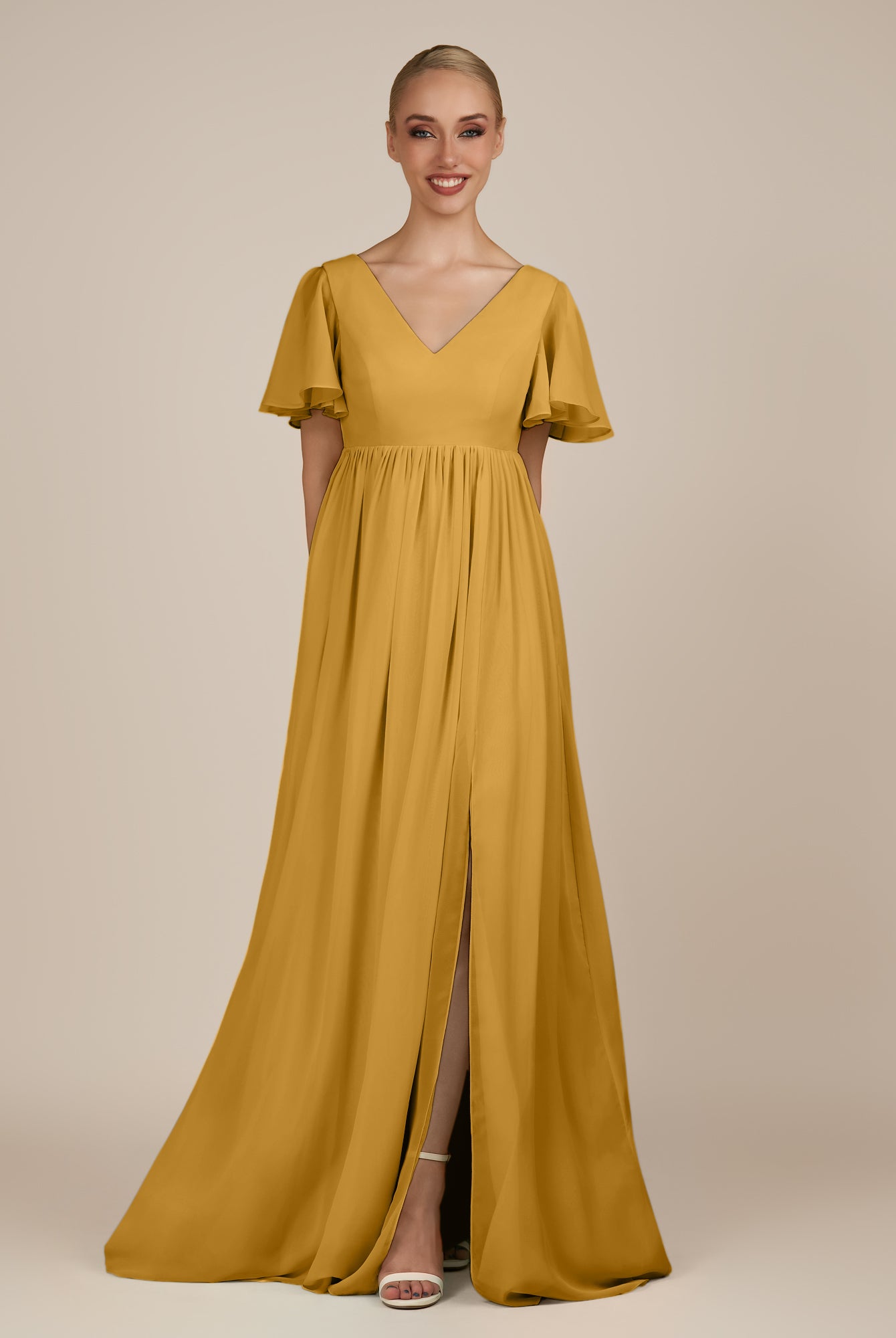 KissDress-Junia Marigold A Line V Neck Chiffon Cap Sleeves Long Bridesmaid Dress with Slit