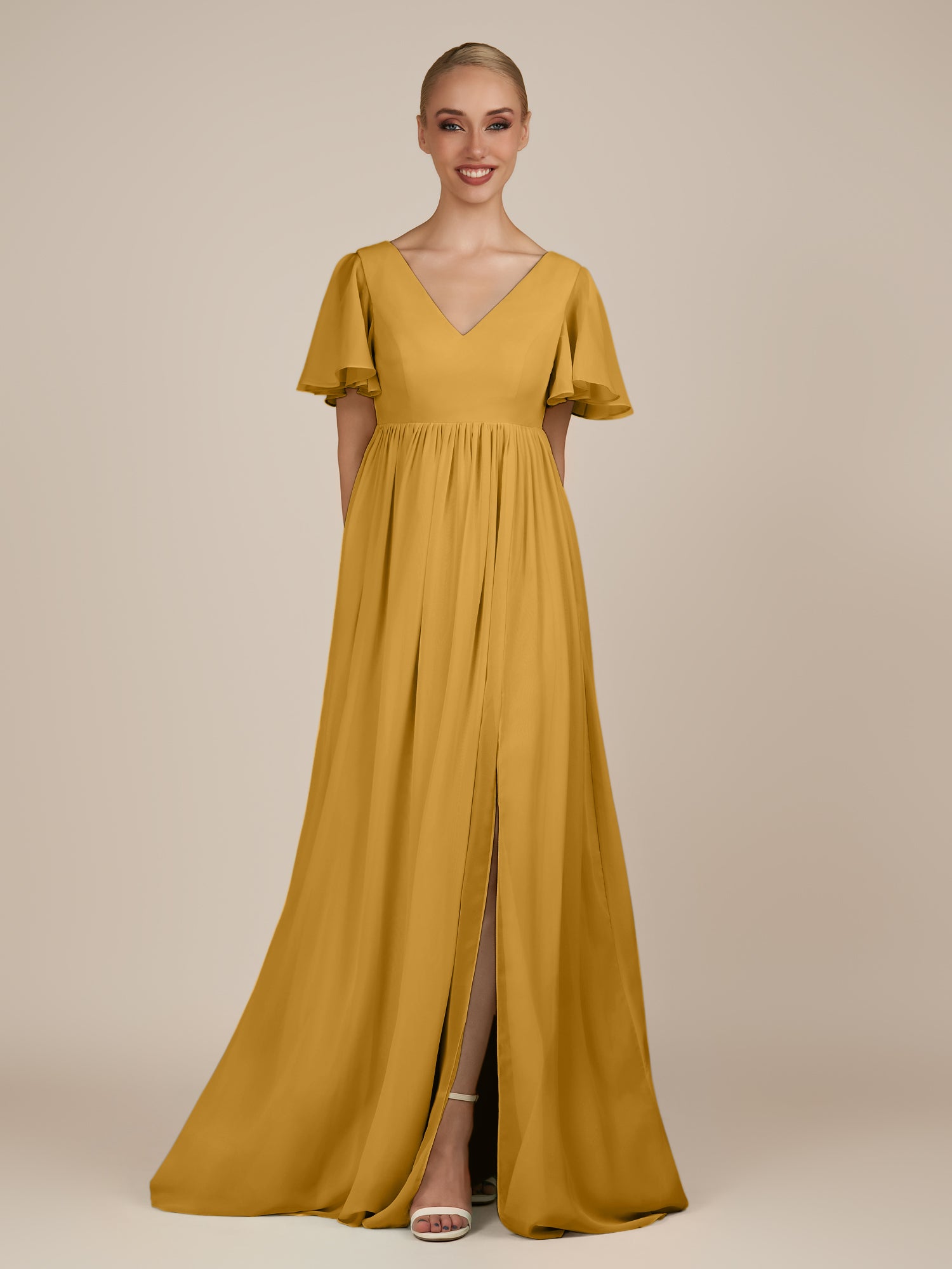 KissDress-Junia Marigold A Line V Neck Chiffon Cap Sleeves Long Bridesmaid Dress with Slit