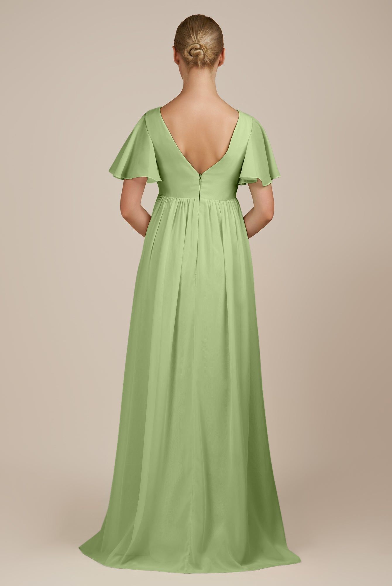 KissDress-Junia Matcha A Line V Neck Chiffon Cap Sleeves Long Bridesmaid Dress with Slit