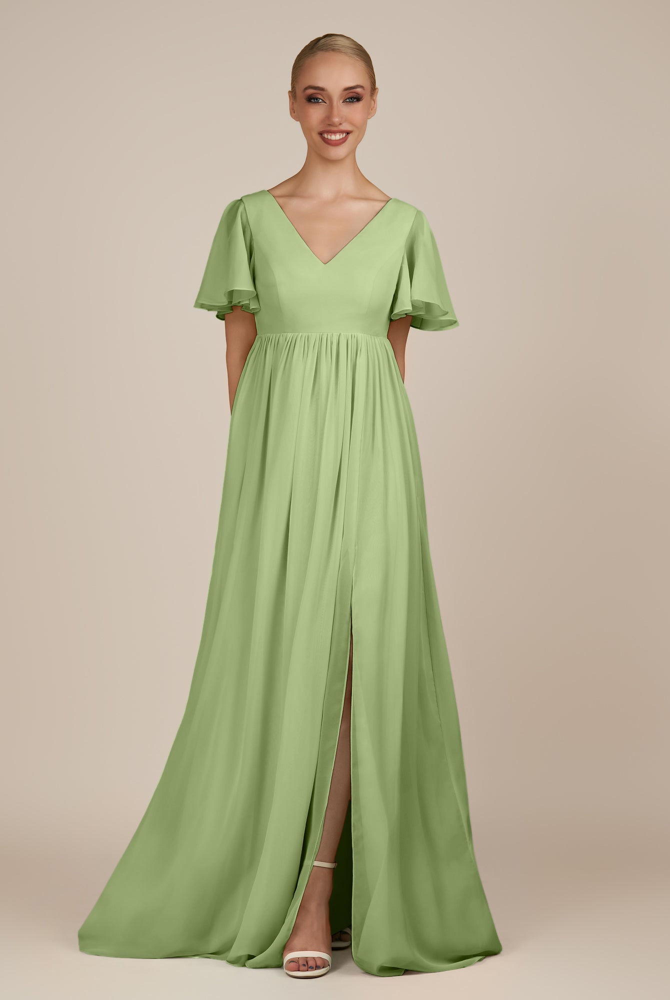 KissDress-Junia Matcha A Line V Neck Chiffon Cap Sleeves Long Bridesmaid Dress with Slit