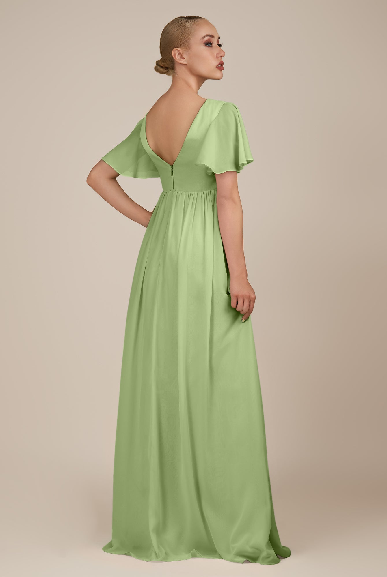 KissDress-Junia Matcha A Line V Neck Chiffon Cap Sleeves Long Bridesmaid Dress with Slit