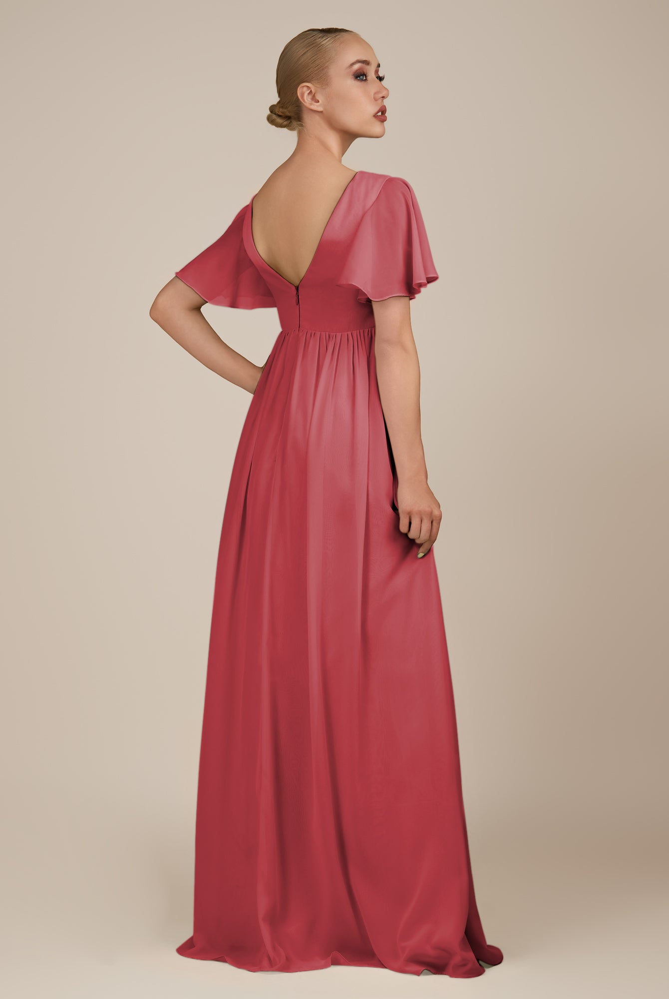 KissDress-Junia Merlot A Line V Neck Chiffon Cap Sleeves Long Bridesmaid Dress with Slit