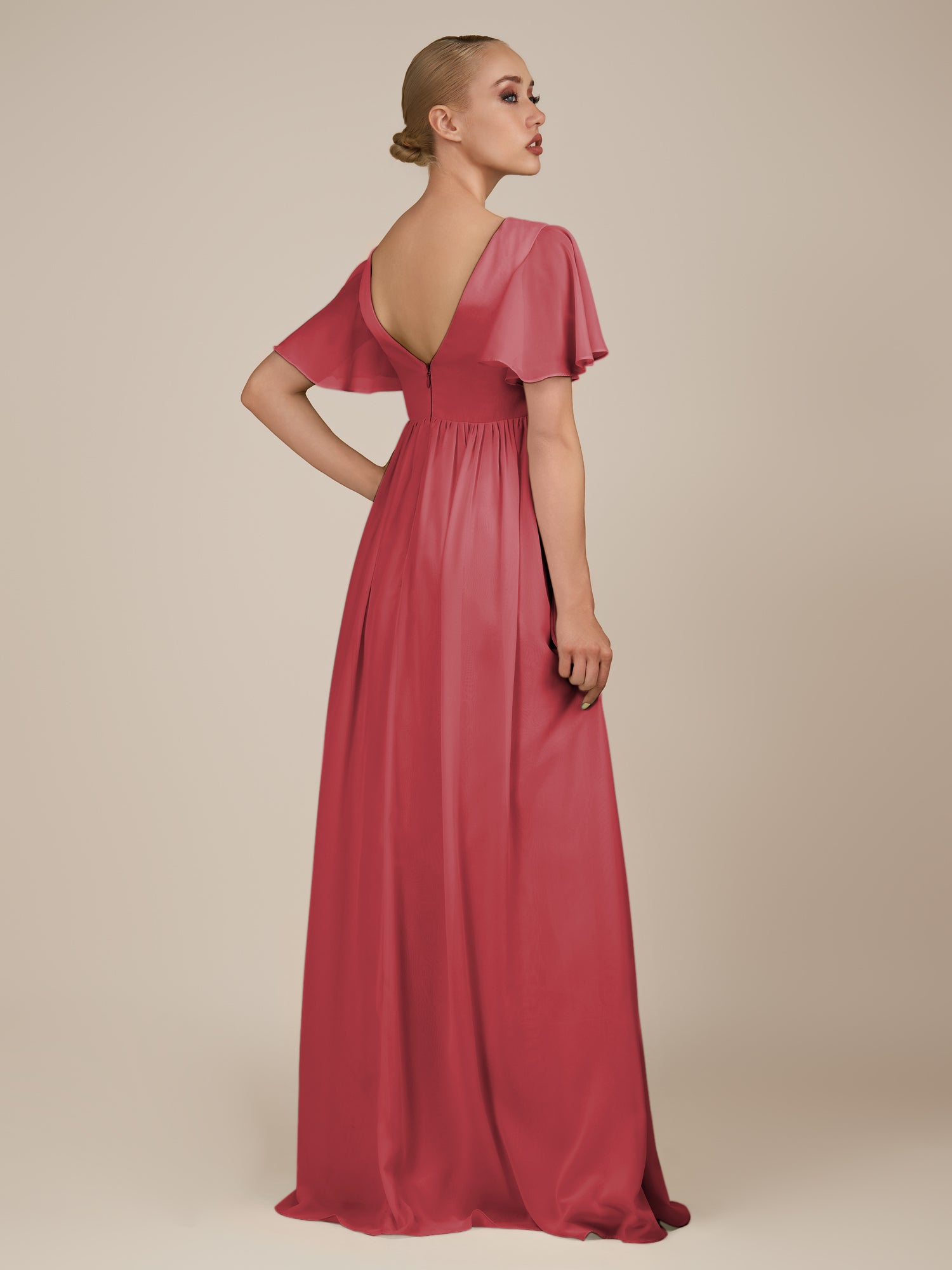 KissDress-Junia Merlot A Line V Neck Chiffon Cap Sleeves Long Bridesmaid Dress with Slit