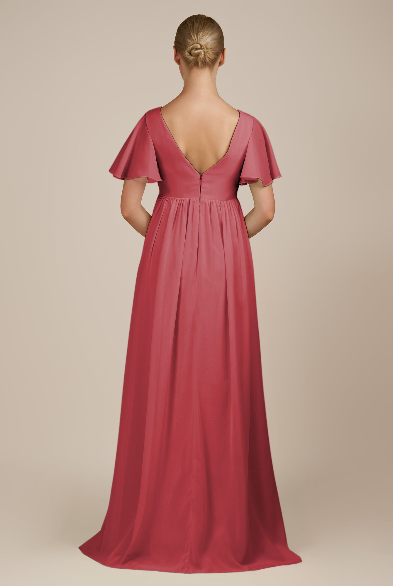 KissDress-Junia Merlot A Line V Neck Chiffon Cap Sleeves Long Bridesmaid Dress with Slit