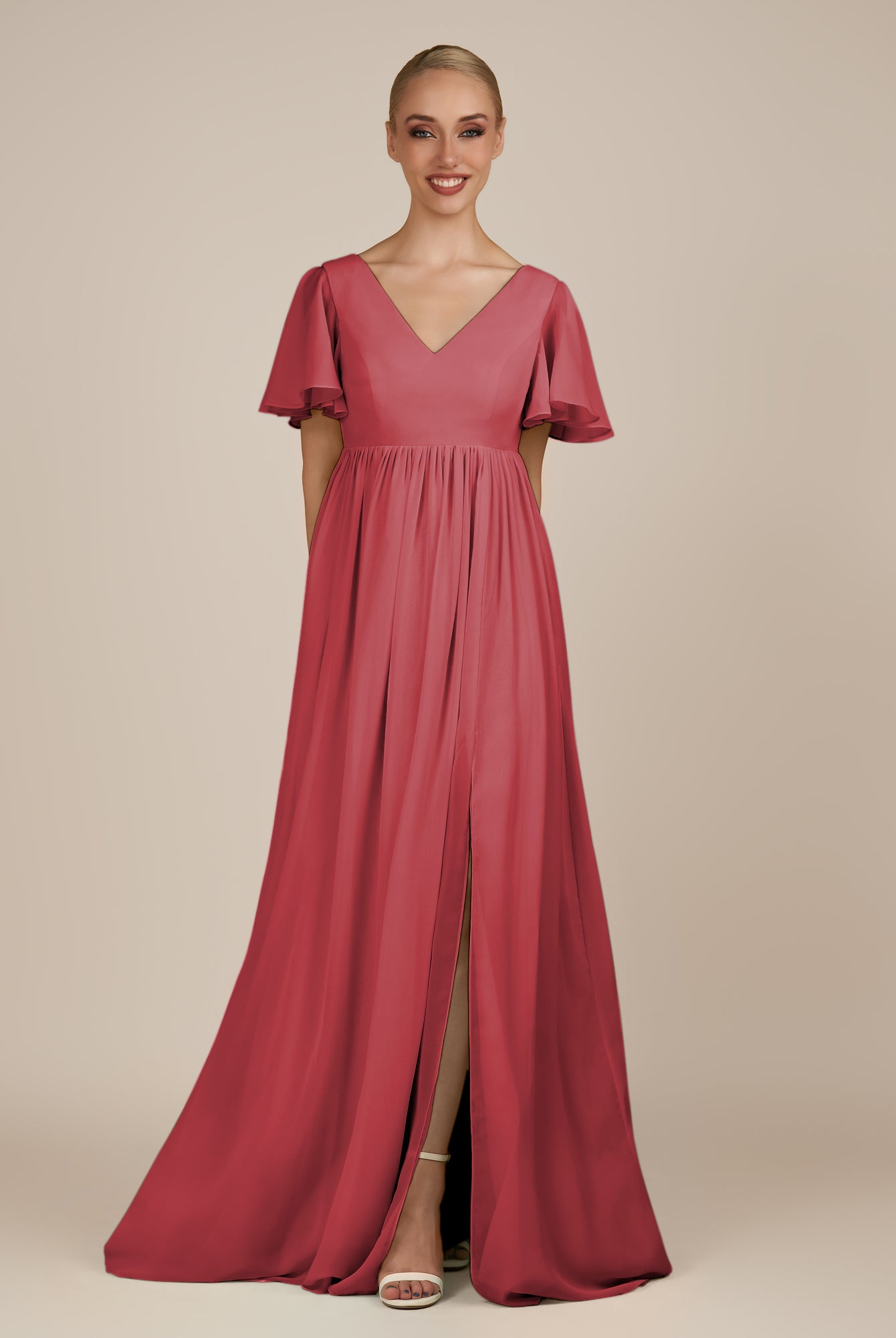 KissDress-Junia Merlot A Line V Neck Chiffon Cap Sleeves Long Bridesmaid Dress with Slit