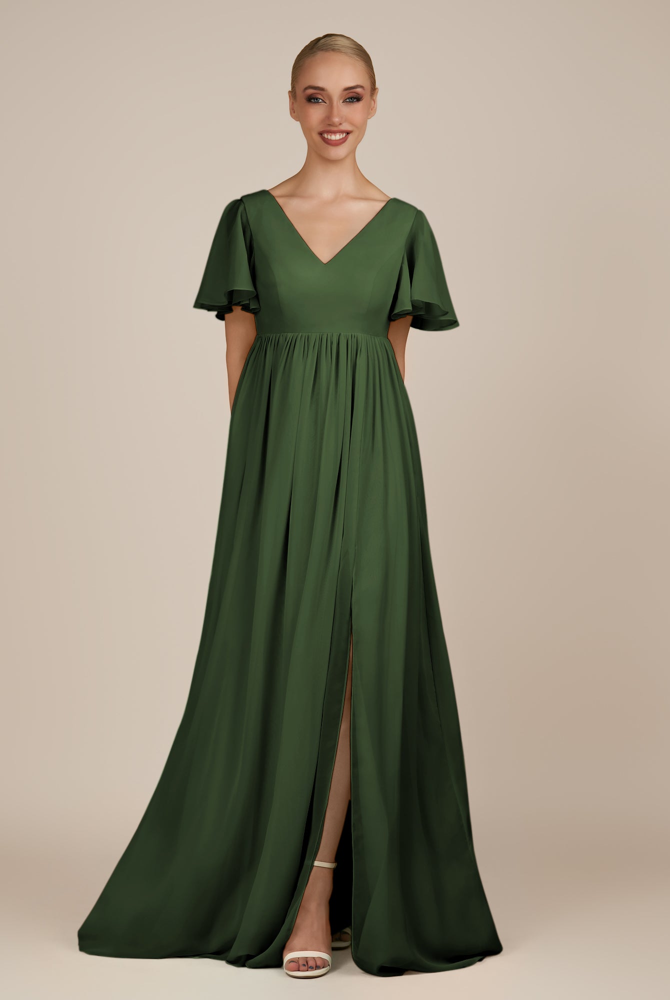KissDress-Junia Moss A Line V Neck Chiffon Cap Sleeves Long Bridesmaid Dress with Slit