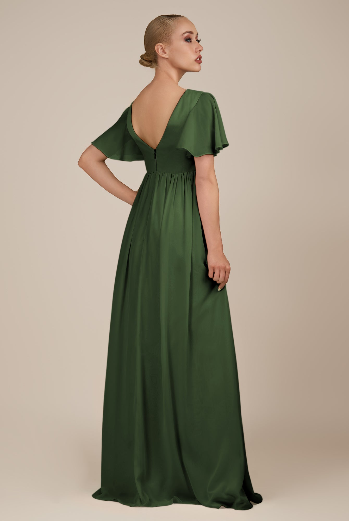 KissDress-Junia Moss A Line V Neck Chiffon Cap Sleeves Long Bridesmaid Dress with Slit