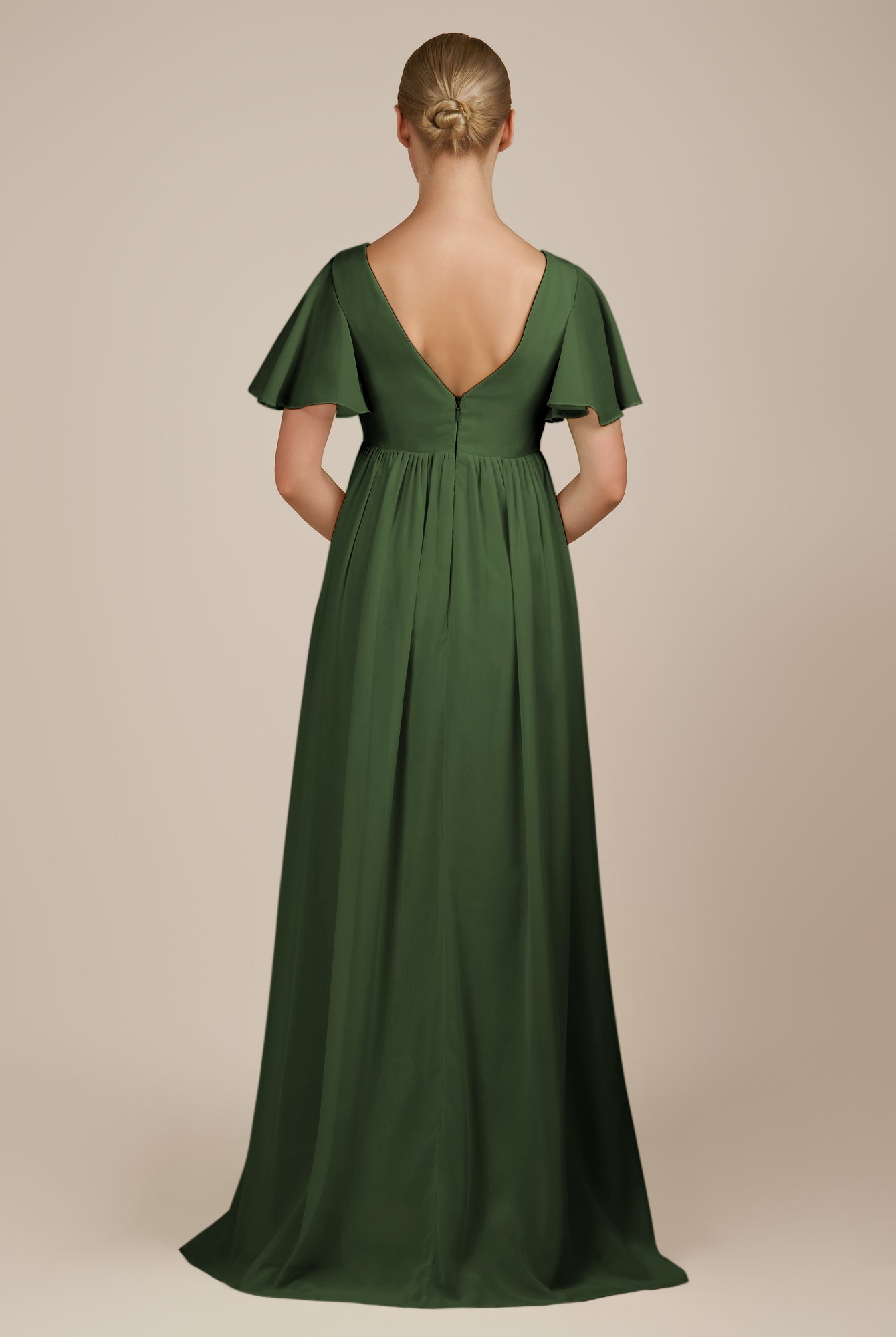 KissDress-Junia Moss A Line V Neck Chiffon Cap Sleeves Long Bridesmaid Dress with Slit