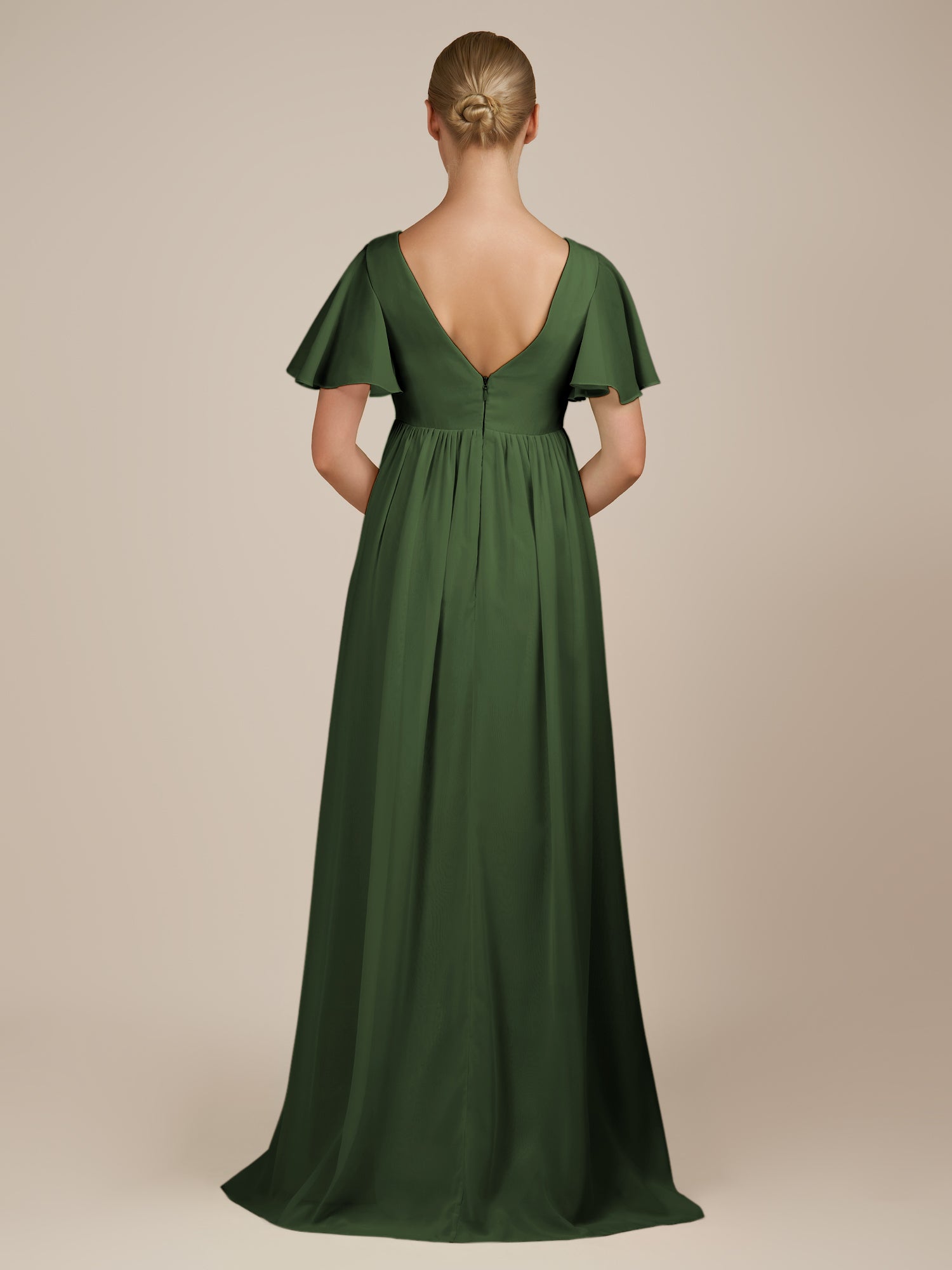 KissDress-Junia Moss A Line V Neck Chiffon Cap Sleeves Long Bridesmaid Dress with Slit