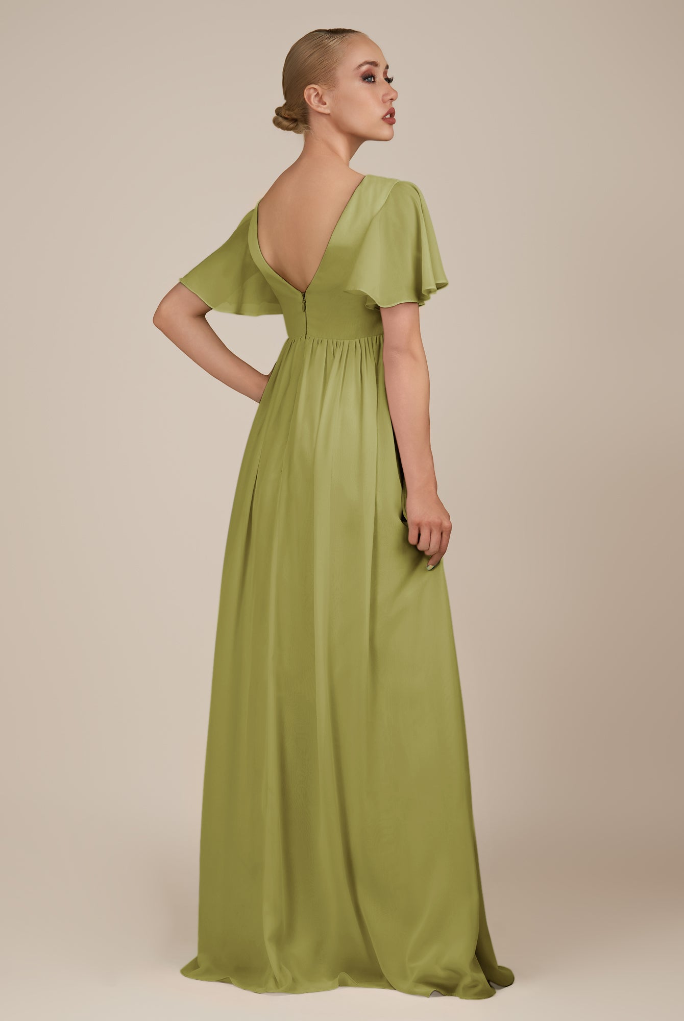 KissDress-Junia Moss Green A Line V Neck Chiffon Cap Sleeves Long Bridesmaid Dress with Slit