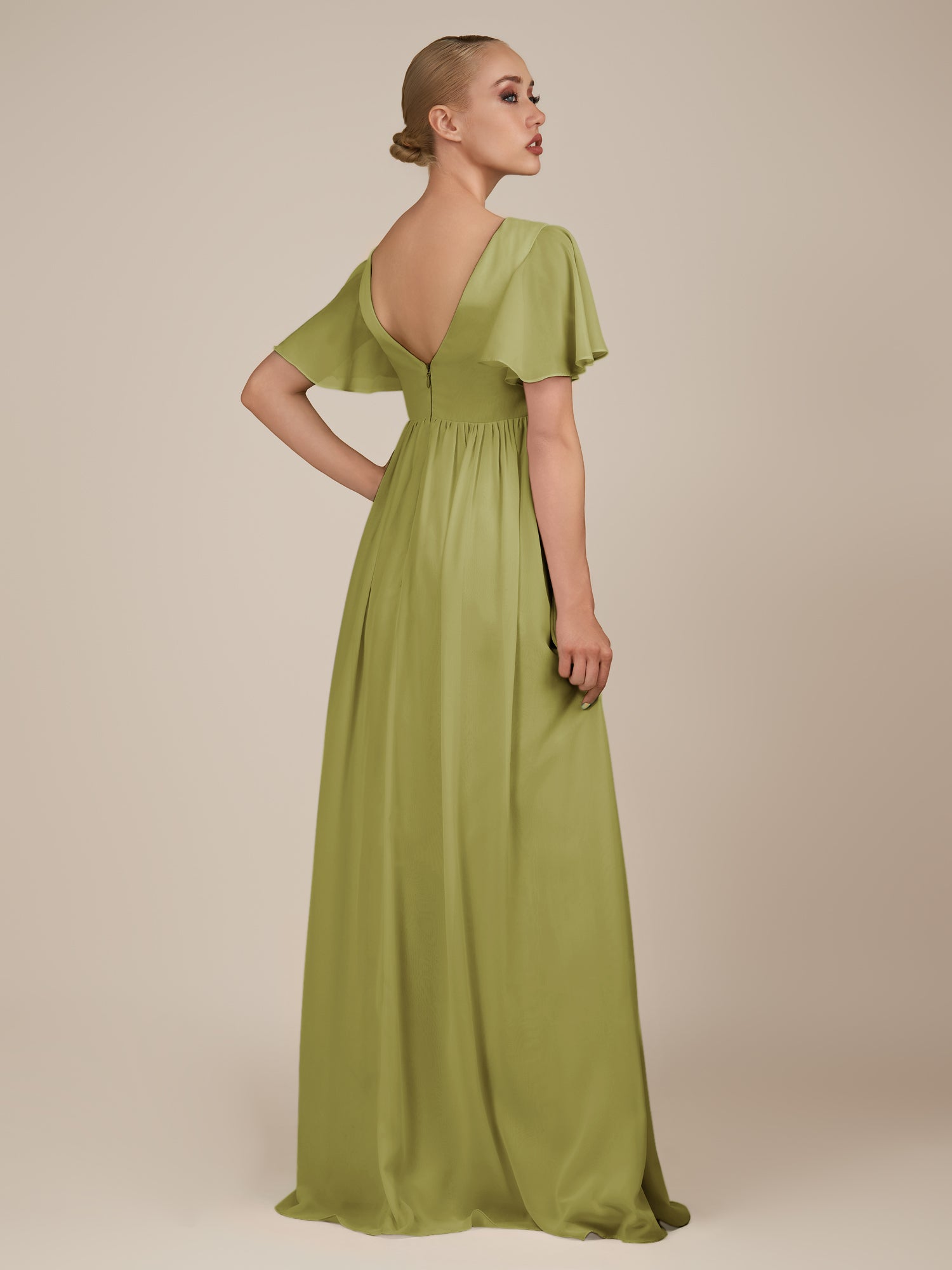 KissDress-Junia Moss Green A Line V Neck Chiffon Cap Sleeves Long Bridesmaid Dress with Slit